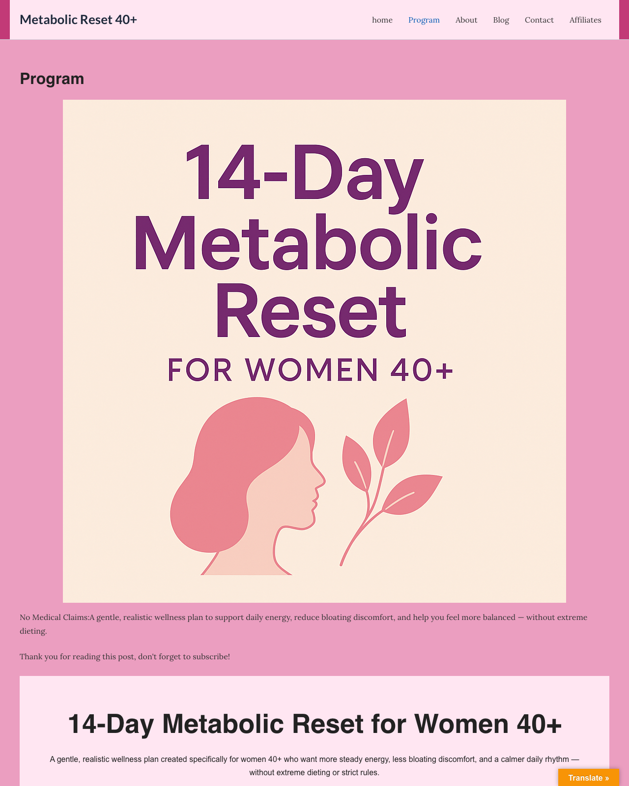 Screenshot of the 14-Day Metabolic Reset for Women 40+ sales page — open current offer