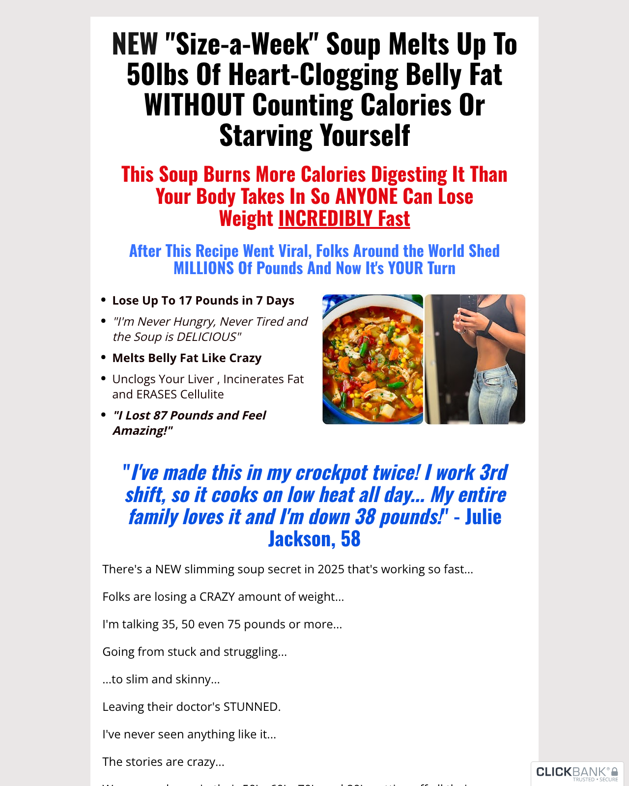 Screenshot of the 14 Day Rapid Soup Diet sales page — open current offer
