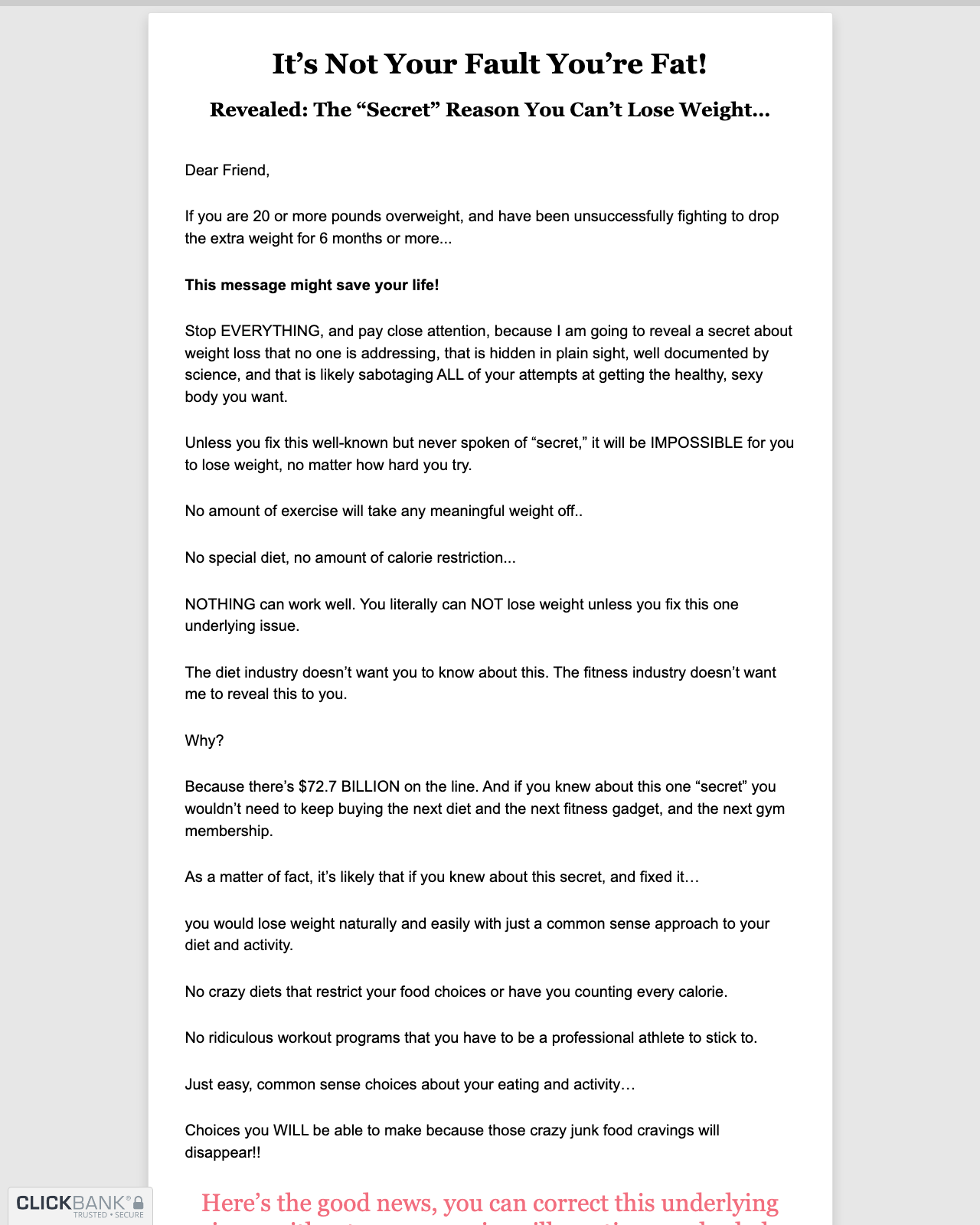 Screenshot of the 2020 New Weight Loss Offer! sales page — open current offer