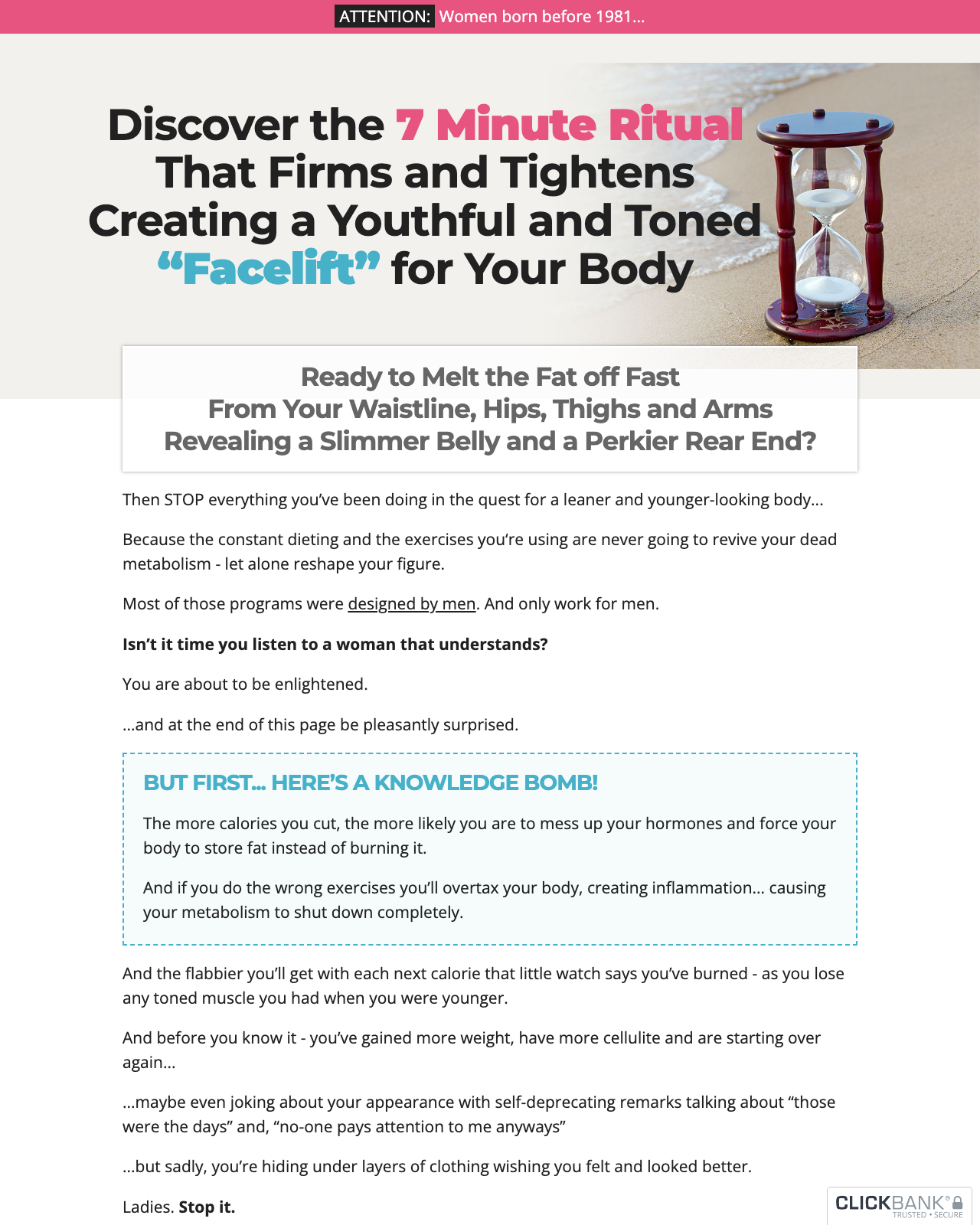 Screenshot of the 7 Minute Ageless Body Secret sales page — open current offer