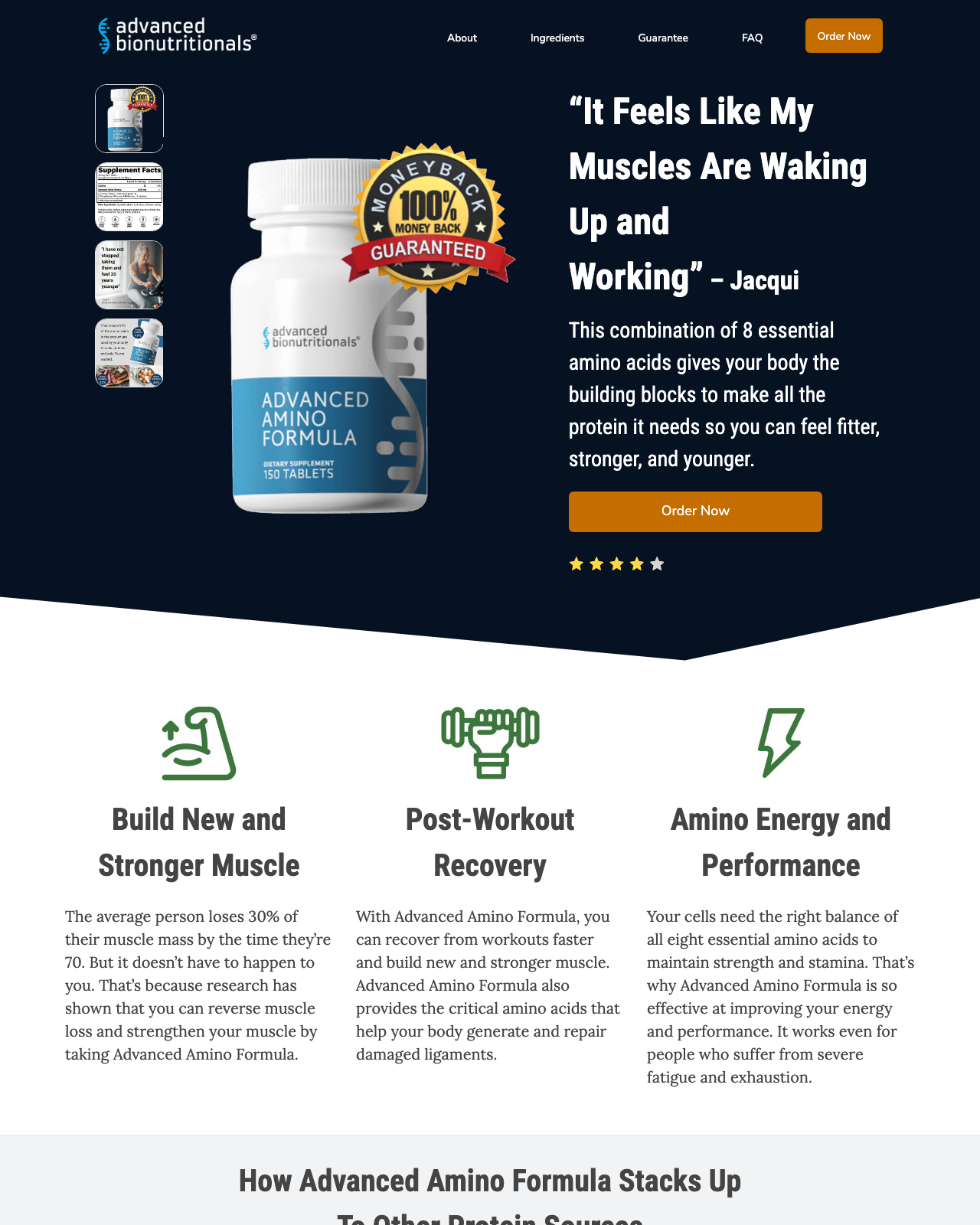 Screenshot of the Advanced Amino Formula - 60% RevShare | High AOV and EPCs sales page — open current offer