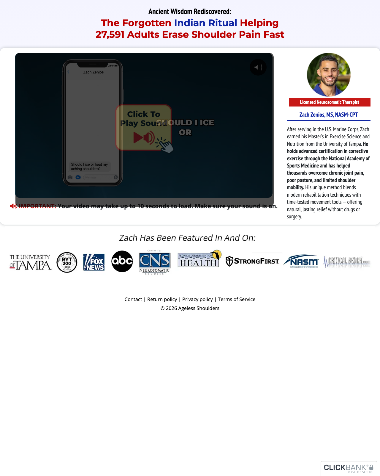 Screenshot of the Ageless Shoulders sales page — open current offer