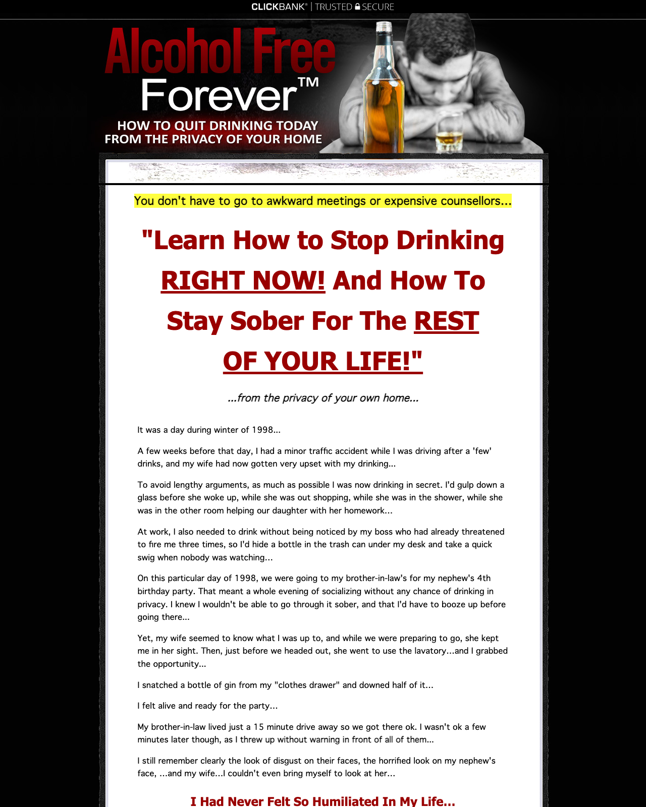 Screenshot of the Alcohol Free Forever (TM) - Revamped for 2019 + $75 BONUS! sales page — open current offer