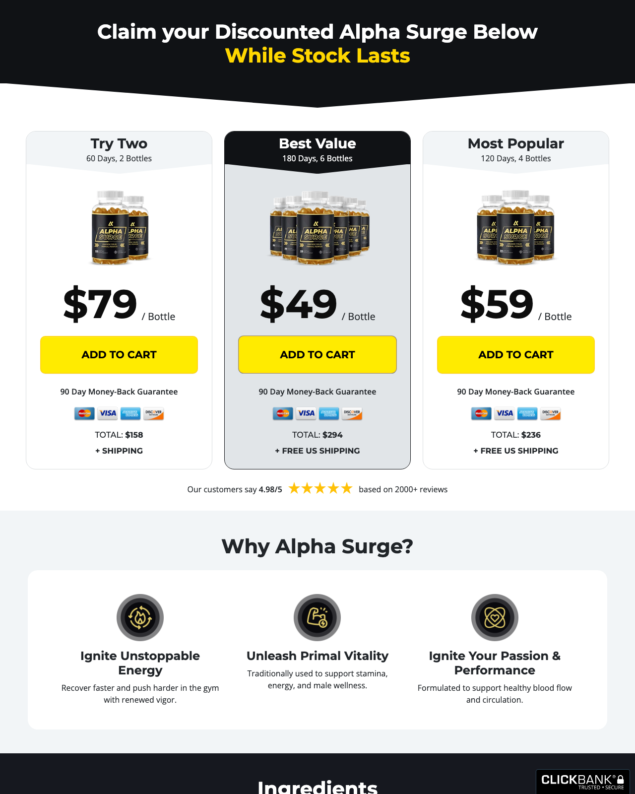 Screenshot of the Alpha Surge - Top Male Performance and ED sales page — open current offer