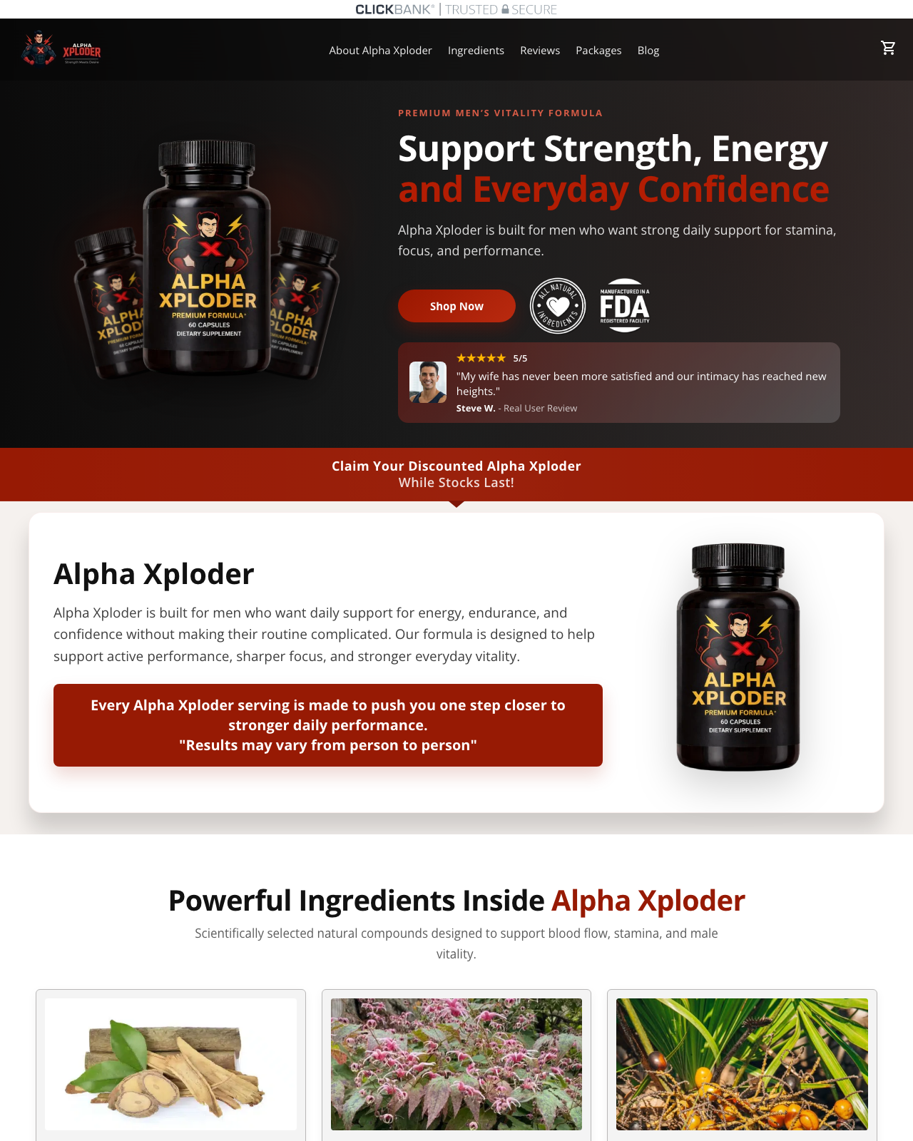 Screenshot of the AlphaXploder – Male Vitality & Testosterone Support Formula sales page — open current offer