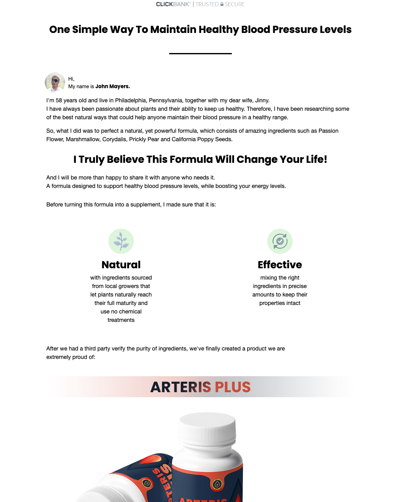 Screenshot of the Arteris Plus- Unique Blood Pressure Offer sales page — open current offer