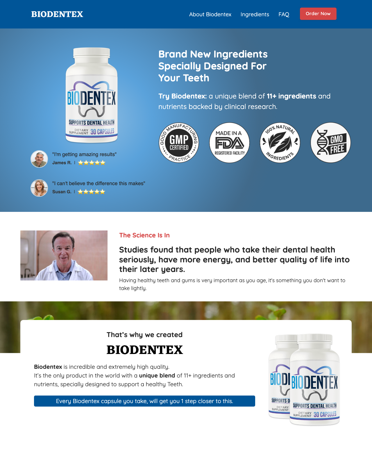 Screenshot of the BioDentex sales page — open current offer