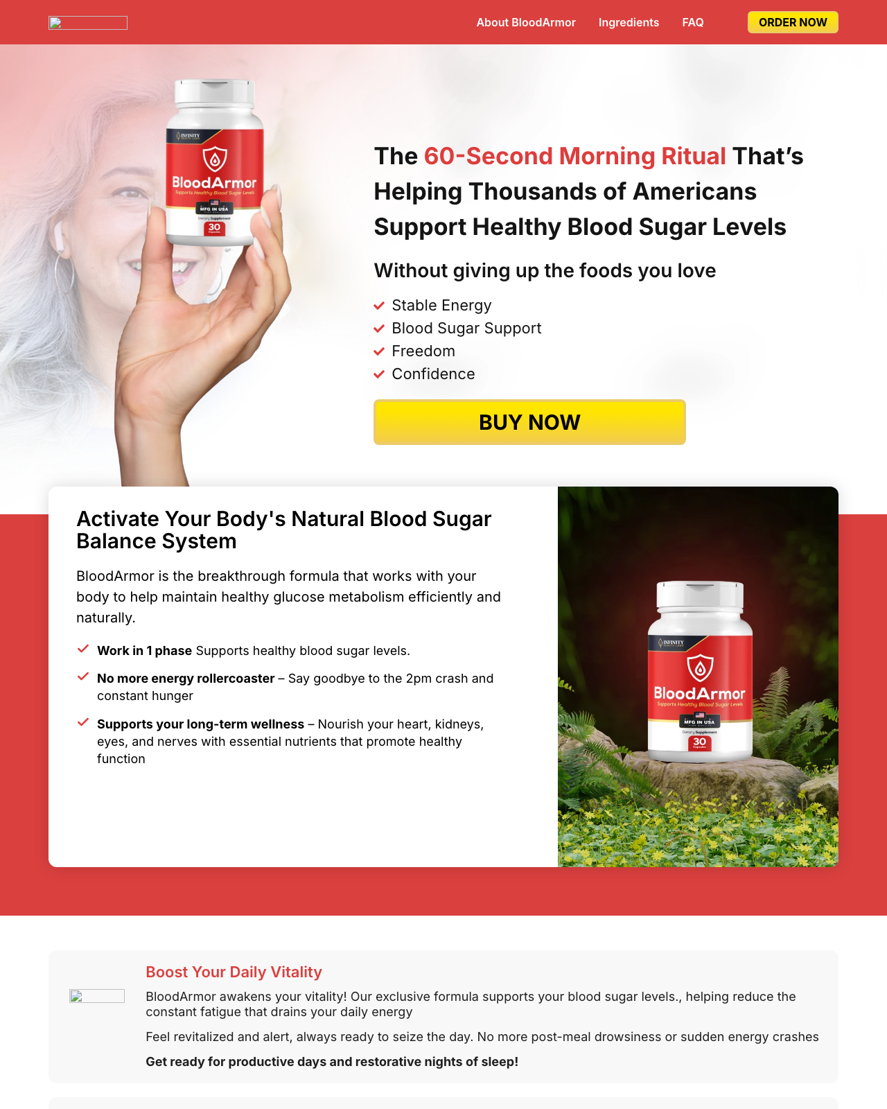 Screenshot of the BloodArmor™ – Powerful Blood Sugar & Circulation Support sales page — open current offer