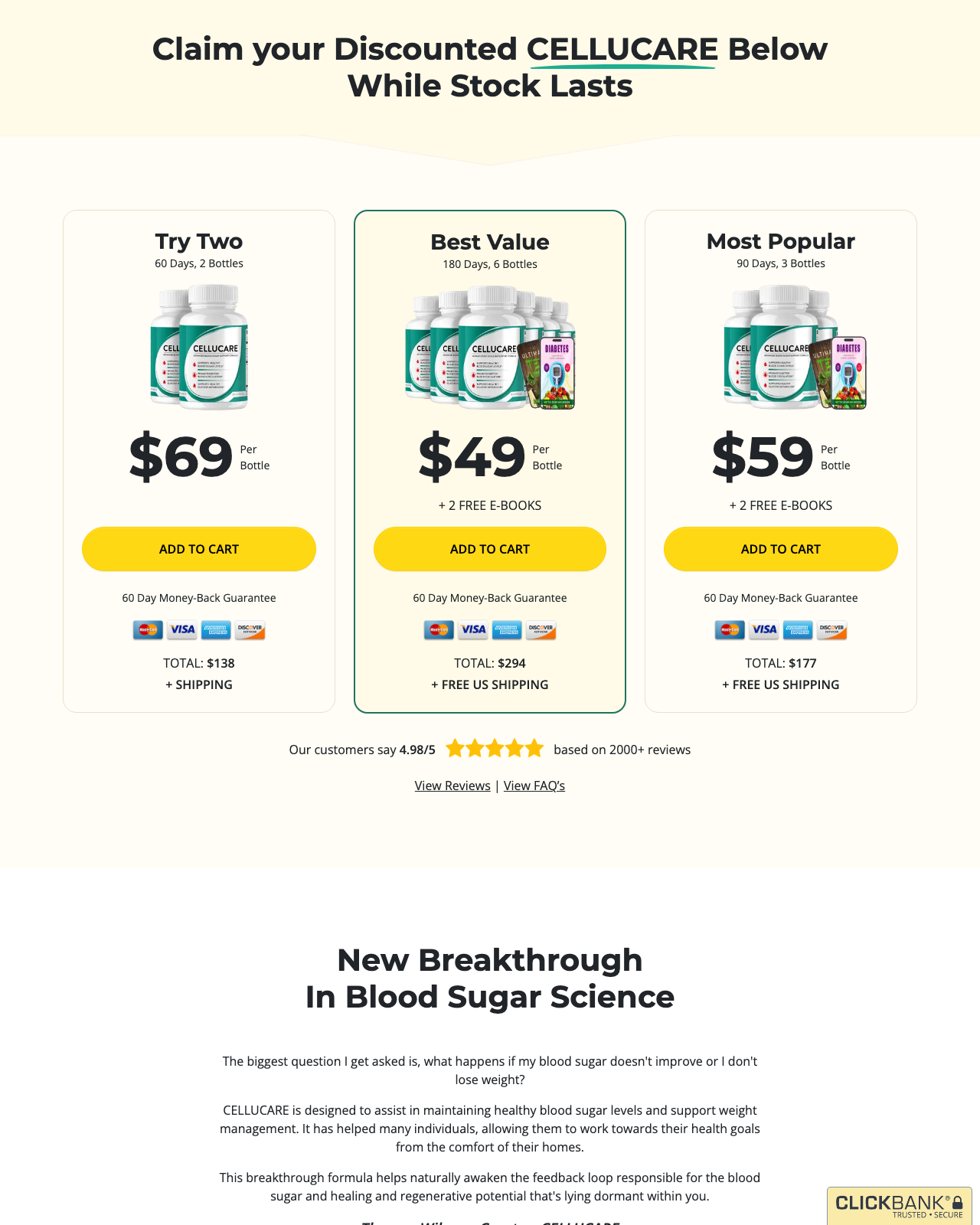 Screenshot of the CelluCare - New Breakthrough In Blood Sugar Science sales page — open current offer