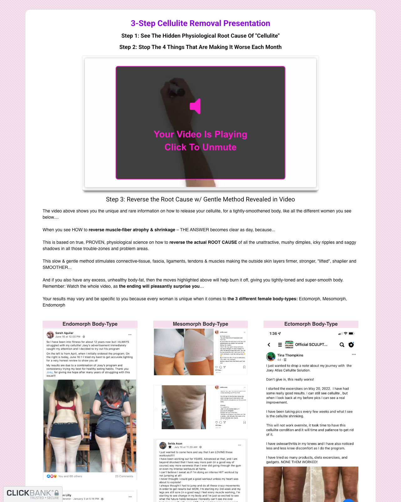 Screenshot of the Cellulite Gone- No Weight Loss No Gym Routine sales page — open current offer