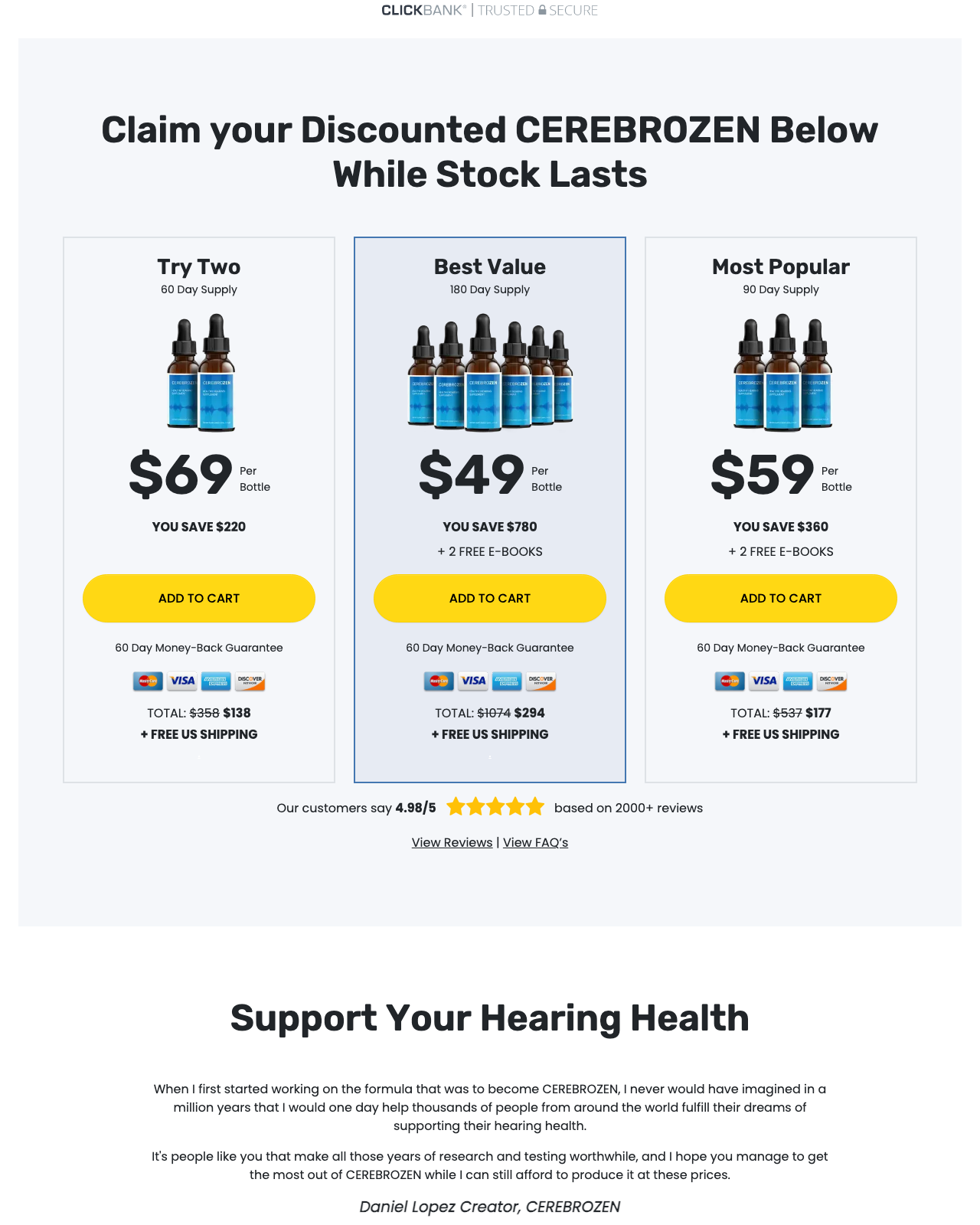 Screenshot of the CerebroZen - Hearing and Brain Health sales page — open current offer