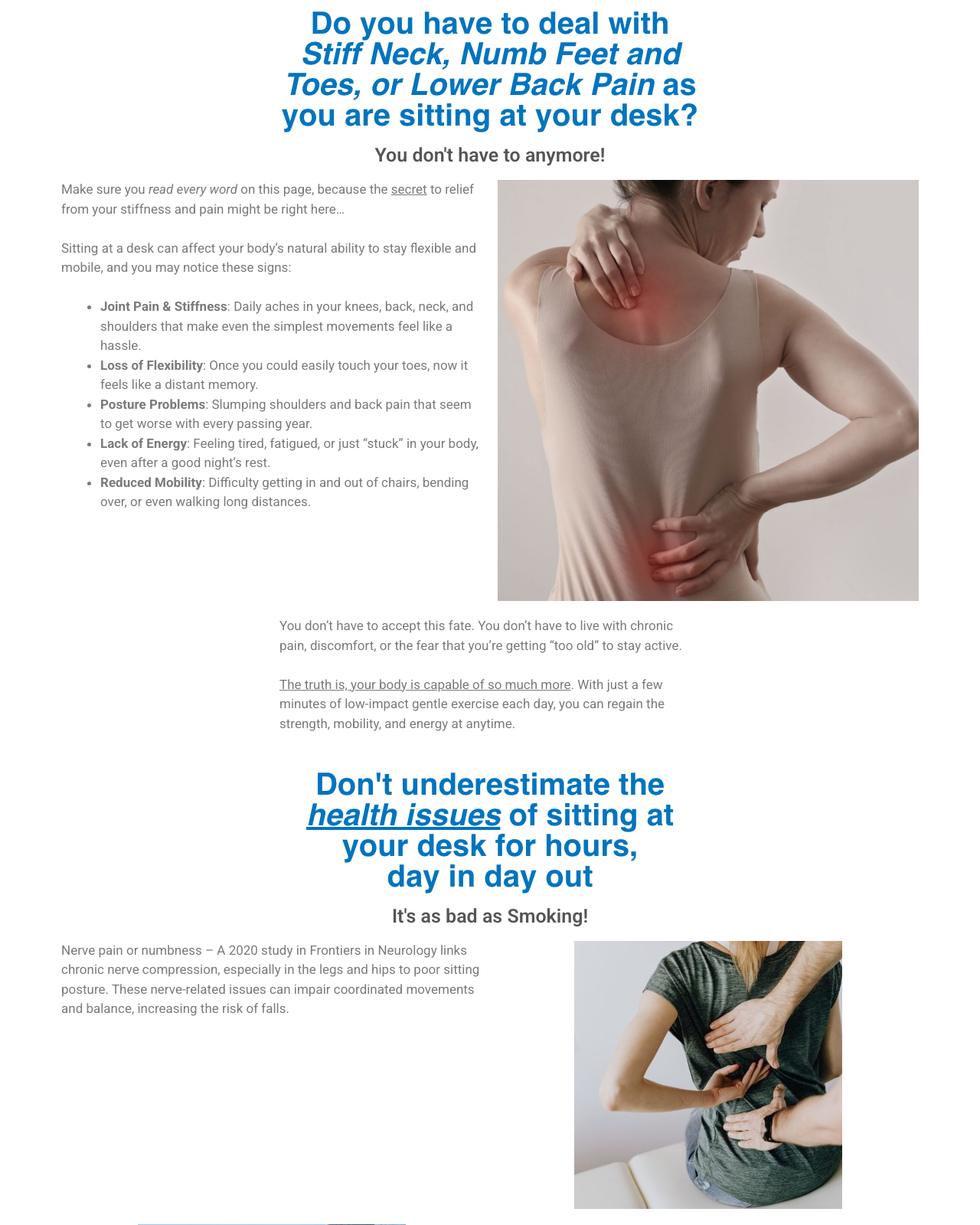 Screenshot of the Chair Yoga Exercises for Any Age sales page — open current offer