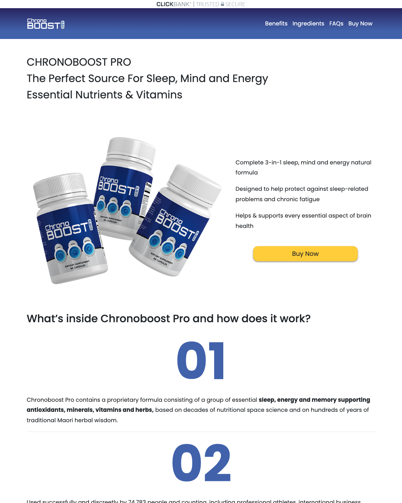 Screenshot of the Chronoboost - 2 in 1 Sleep & Energy Offer sales page — open current offer