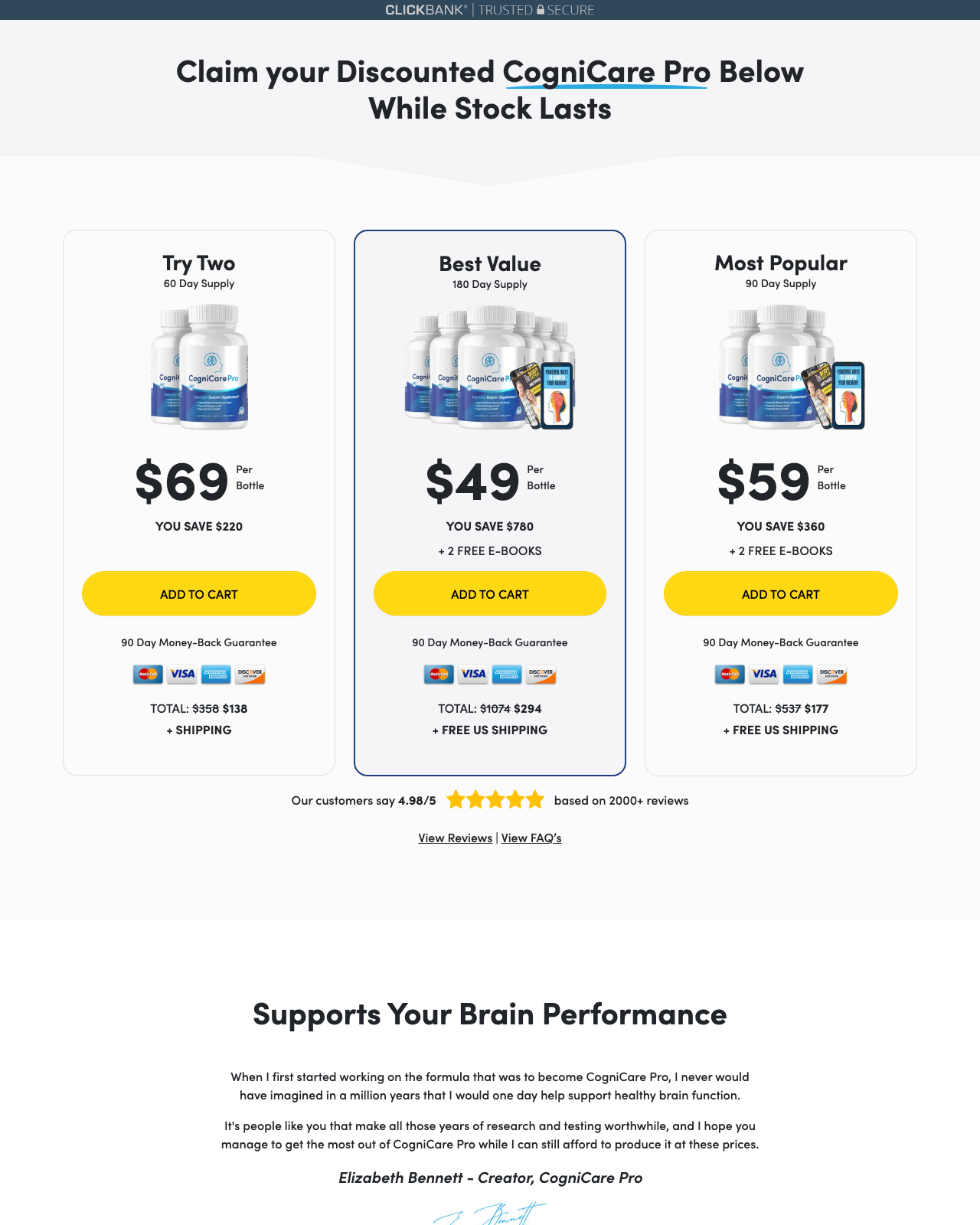 Screenshot of the CogniCare Pro - NEW Brain & Memory sales page — open current offer