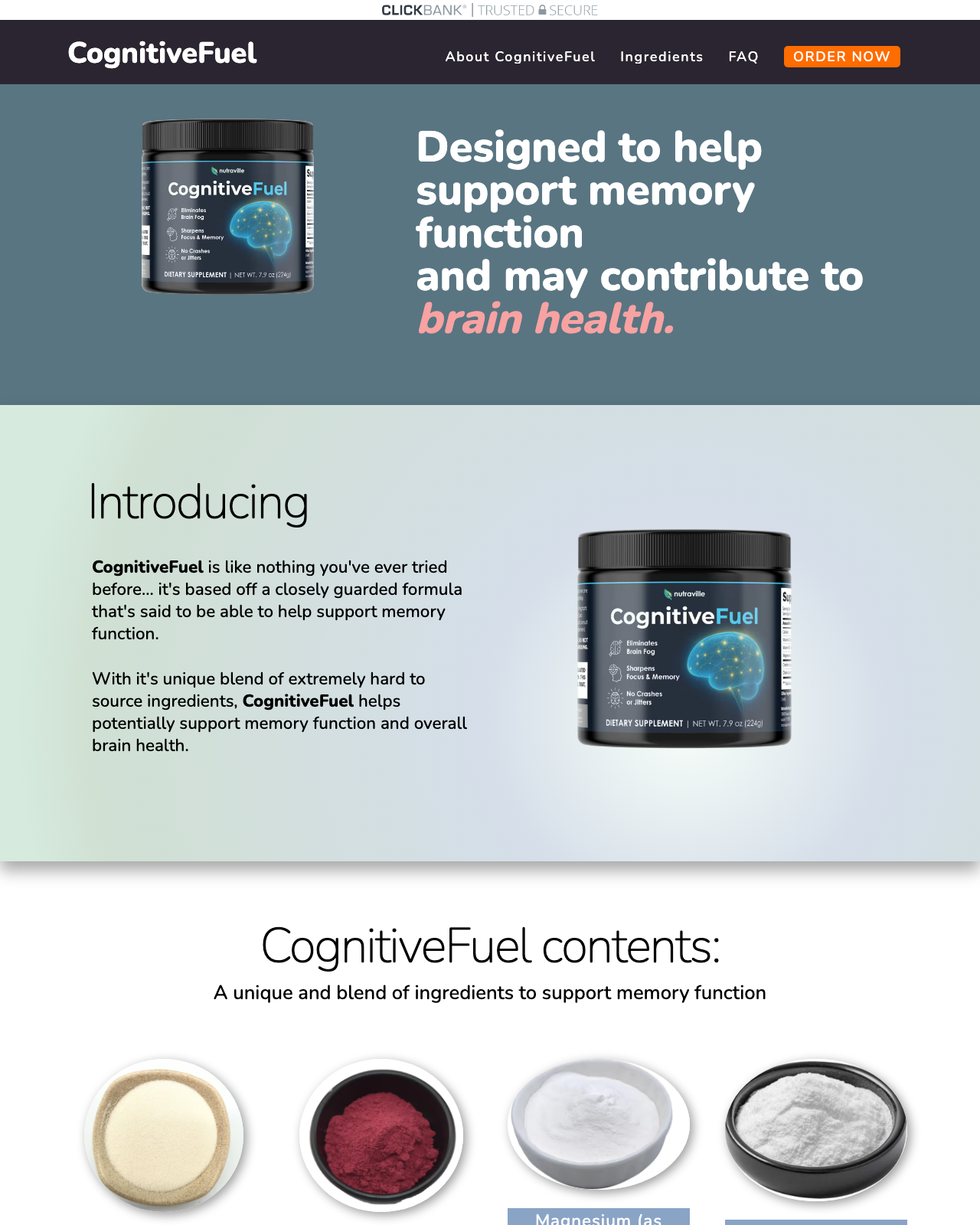 Screenshot of the CognitiveFuel – 2025–2026 Must-Run Science-Based Brain Health Offer sales page — open current offer