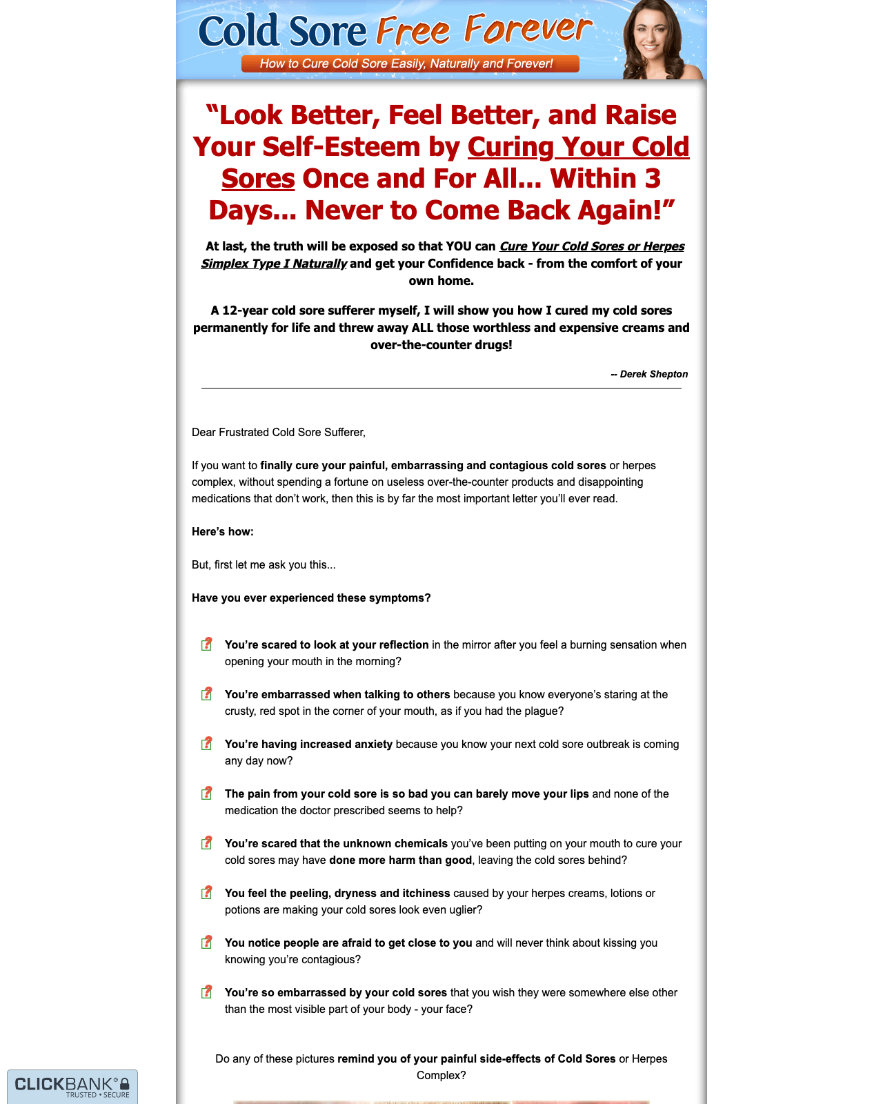 Screenshot of the Cold Sore Free Forever - Highest Converter sales page — open current offer