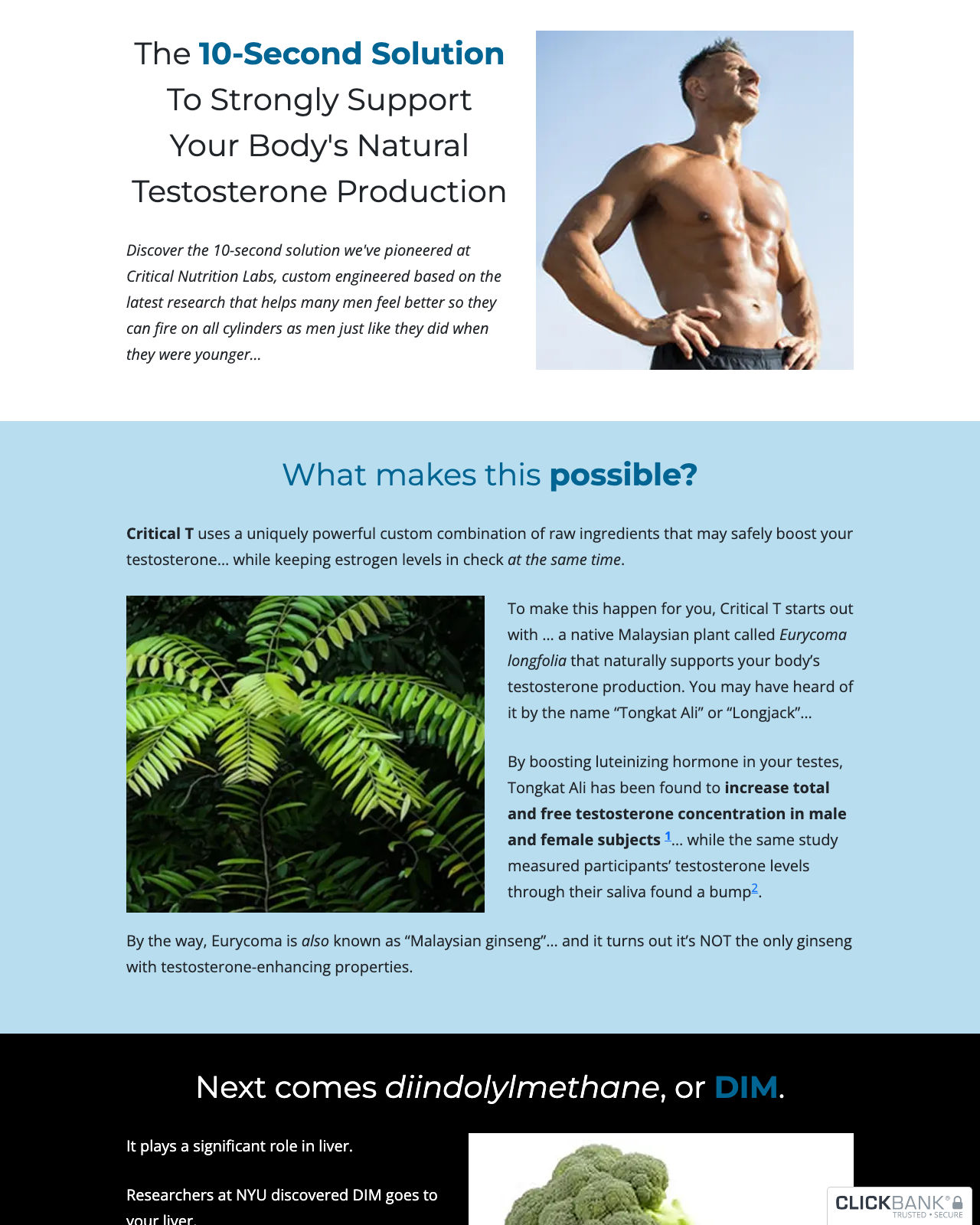 Screenshot of the Critical T - Top Testosterone Boosting Supplement on Clickbank sales page — open current offer