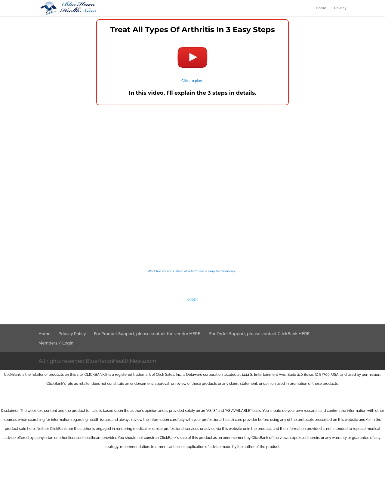 Screenshot of the Cure Arthritis Naturally - Blue Heron Health News sales page — open current offer