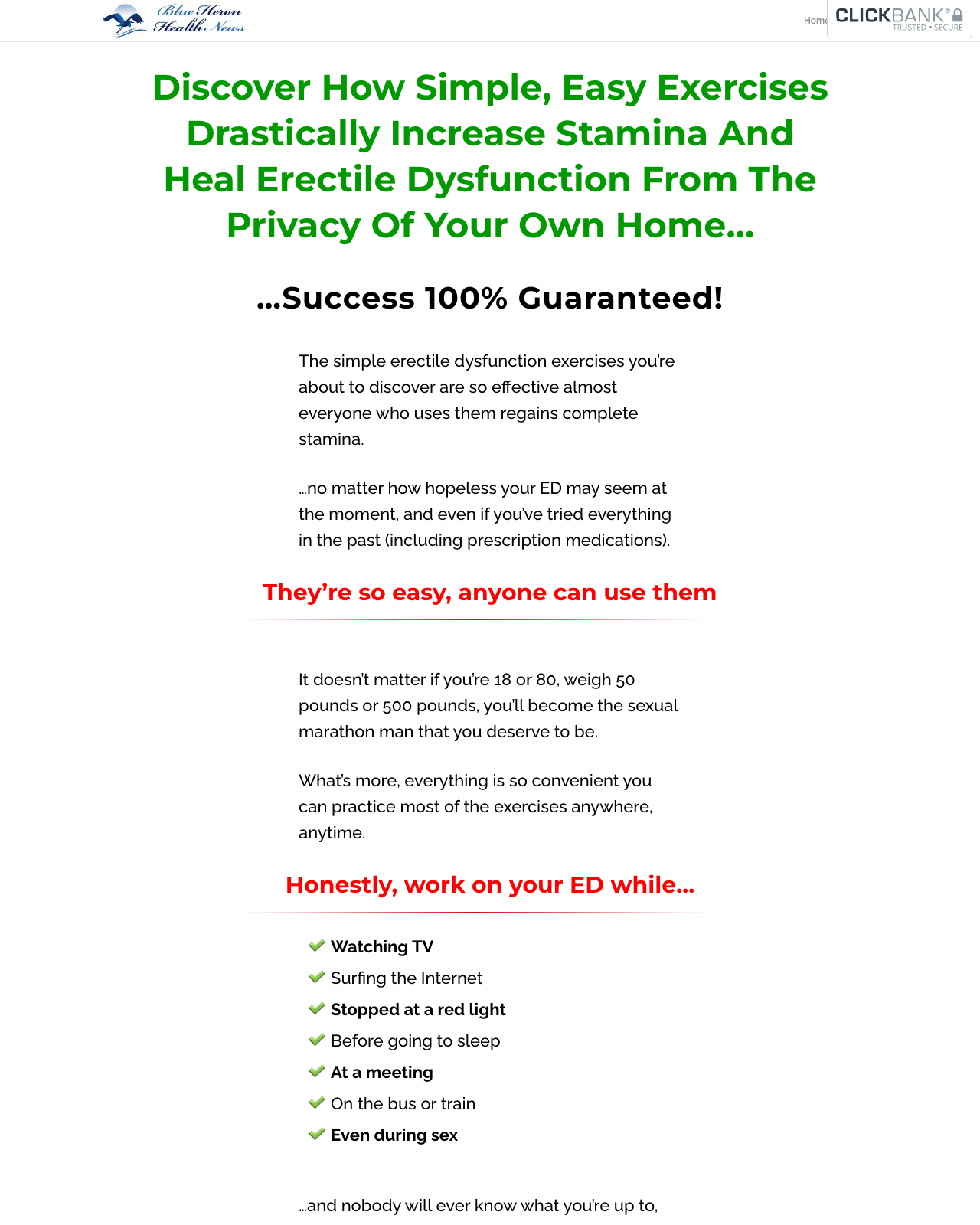 Screenshot of the Cure Erectile Dysfunction - Blue Heron Health News sales page — open current offer