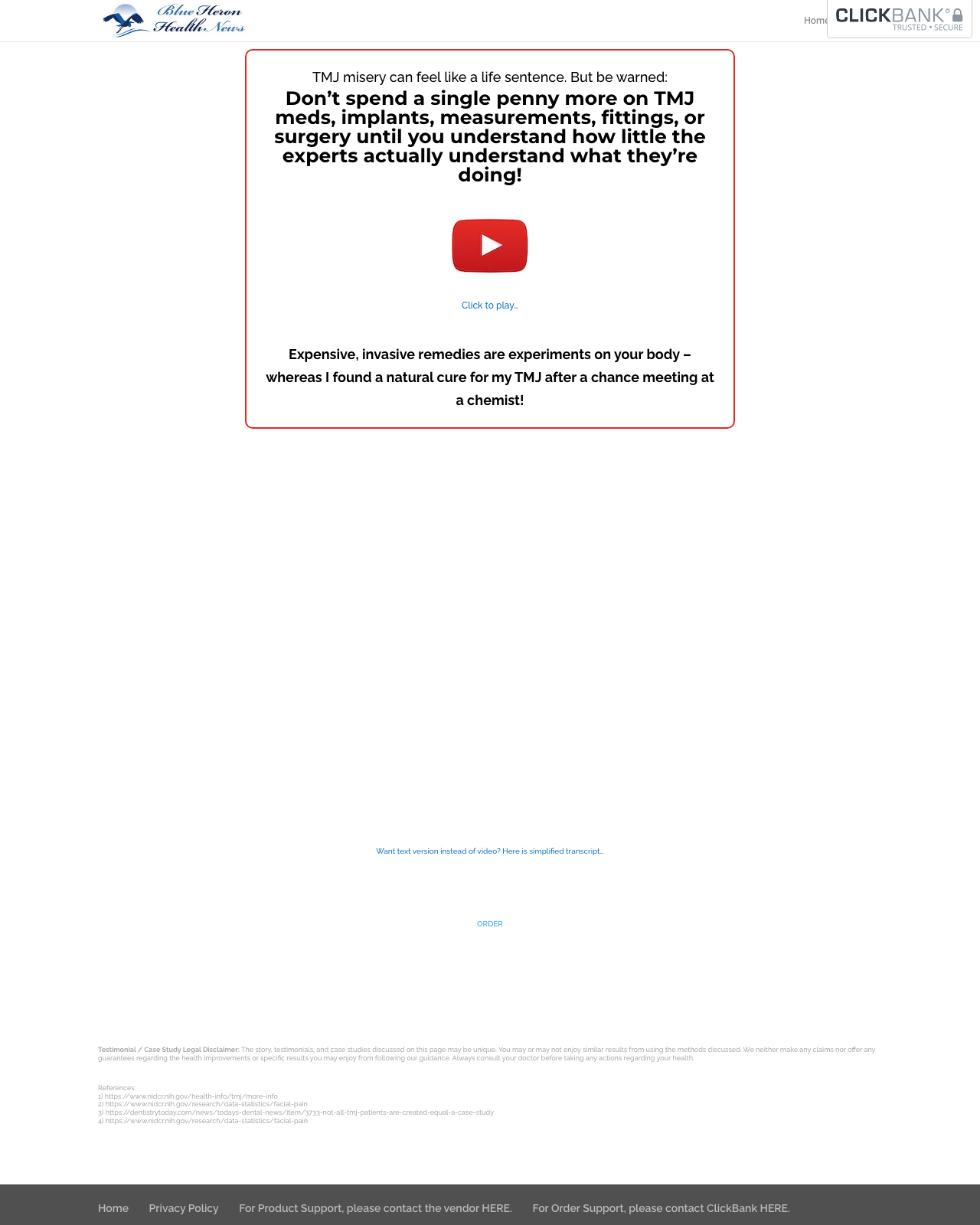 Screenshot of the Cure For TMJ, Bruxing and Tooth Grinding - Blue Heron Health News sales page — open current offer