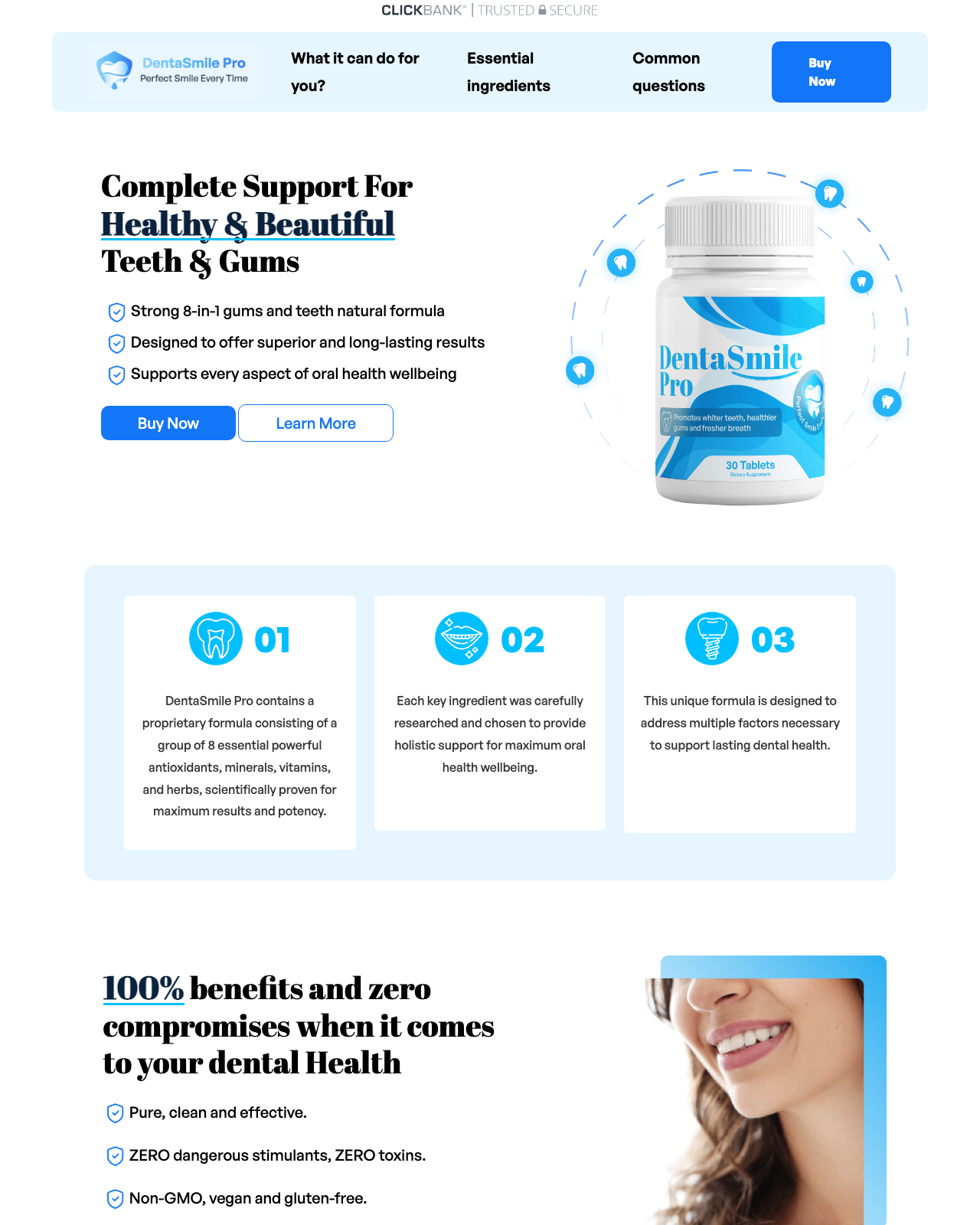 Screenshot of the DentaSmile Pro - Hot NEW 8-in-1 Oral Care Solution! sales page — open current offer