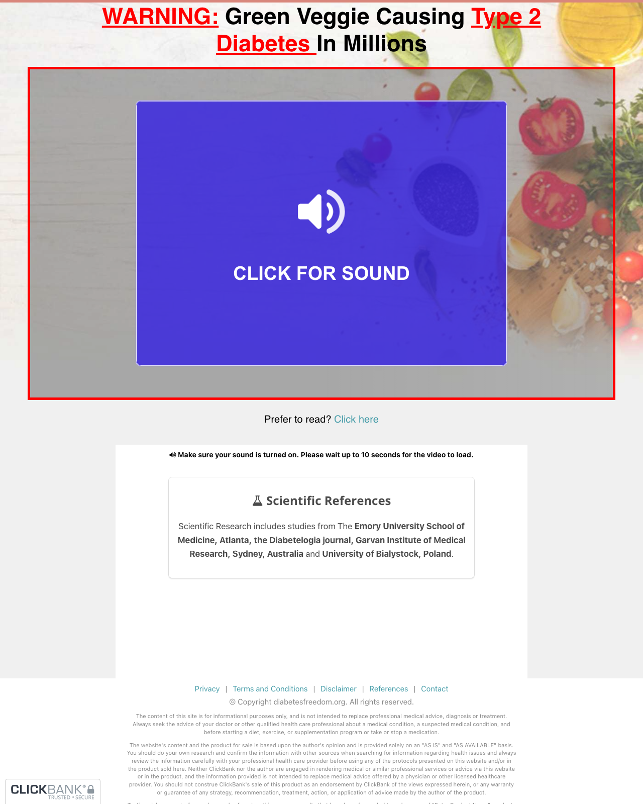 Screenshot of the Diabetes Freedom - 100% Commissions Available sales page — open current offer