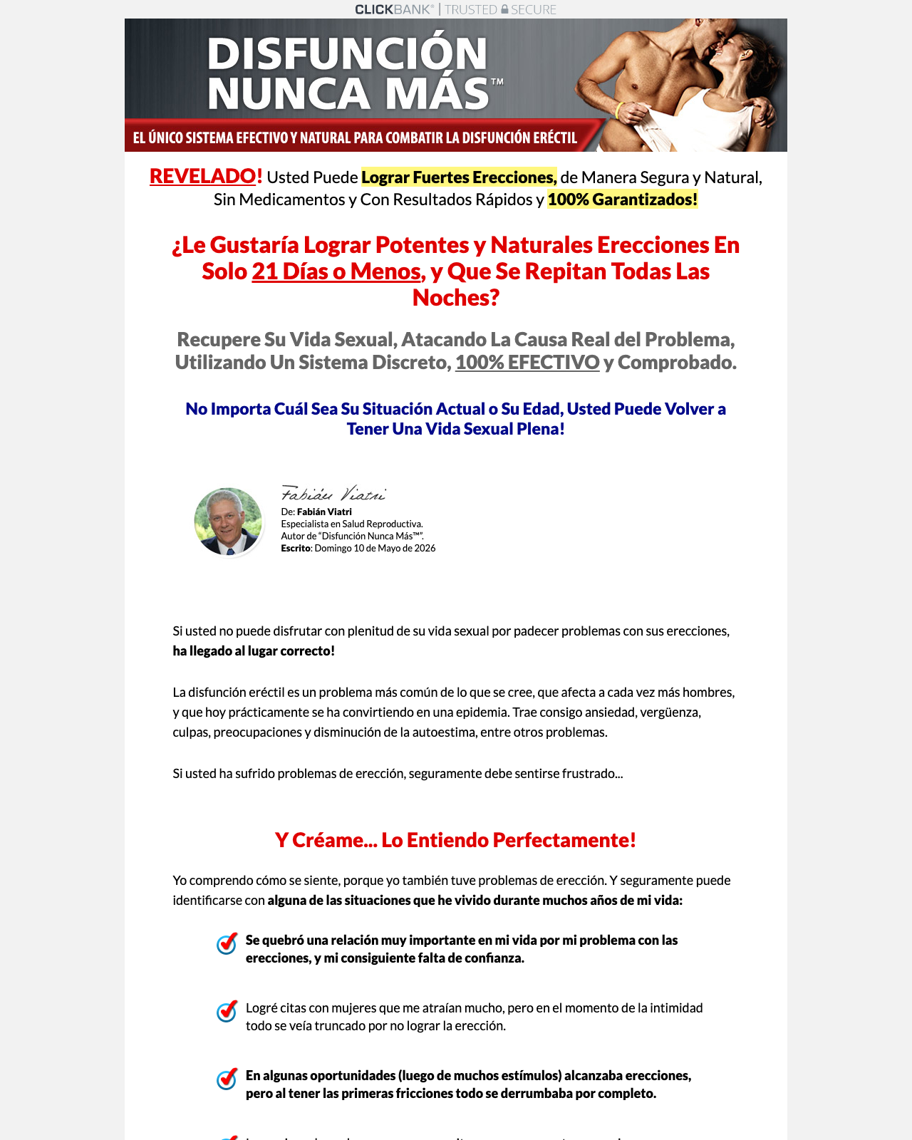 Screenshot of the Disfunción Nunca Más - 90% de Comisión y Upsells. sales page — open current offer