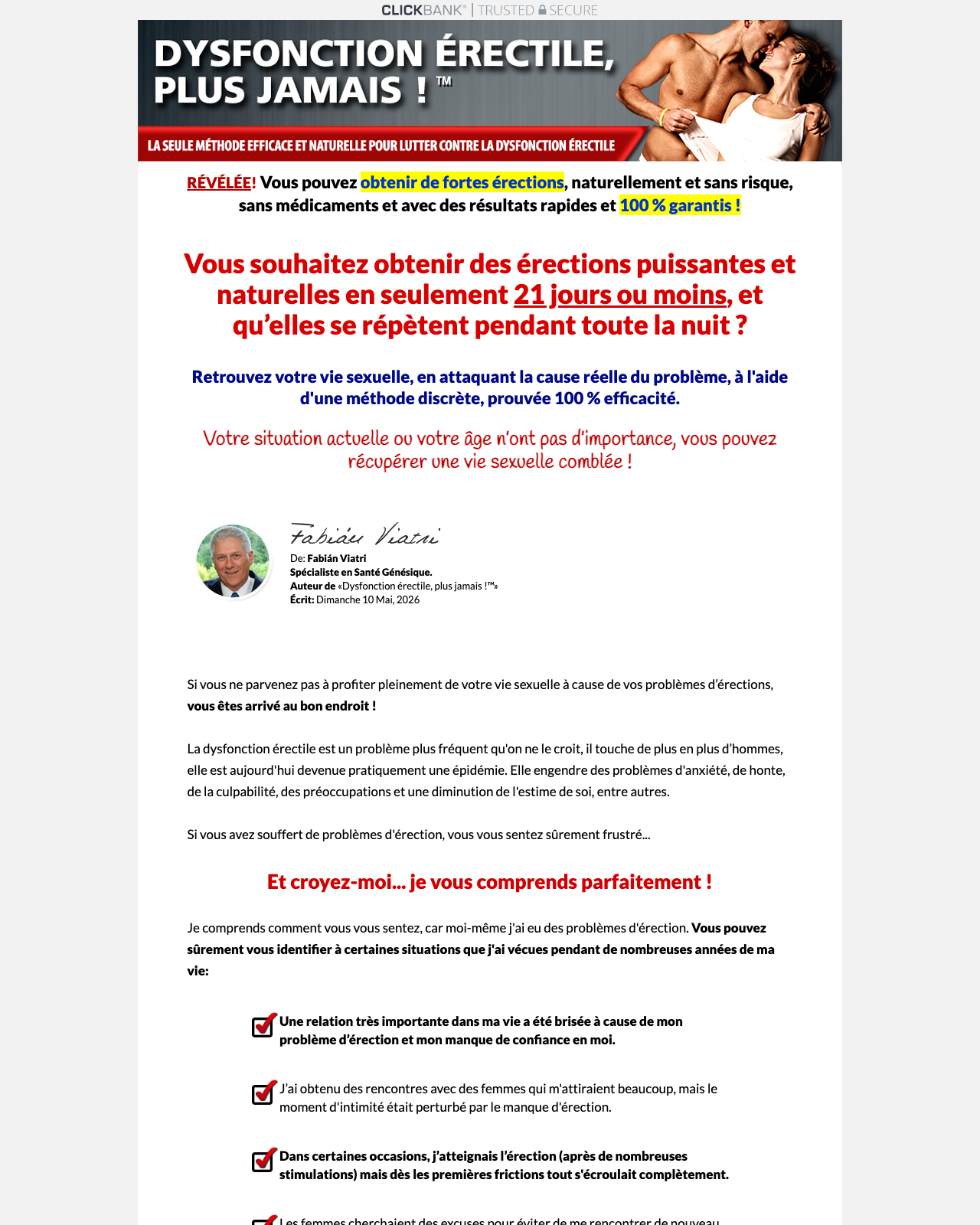 Screenshot of the Dysfonction Erectile Plus Jamais. ED Treatment French Version. sales page — open current offer