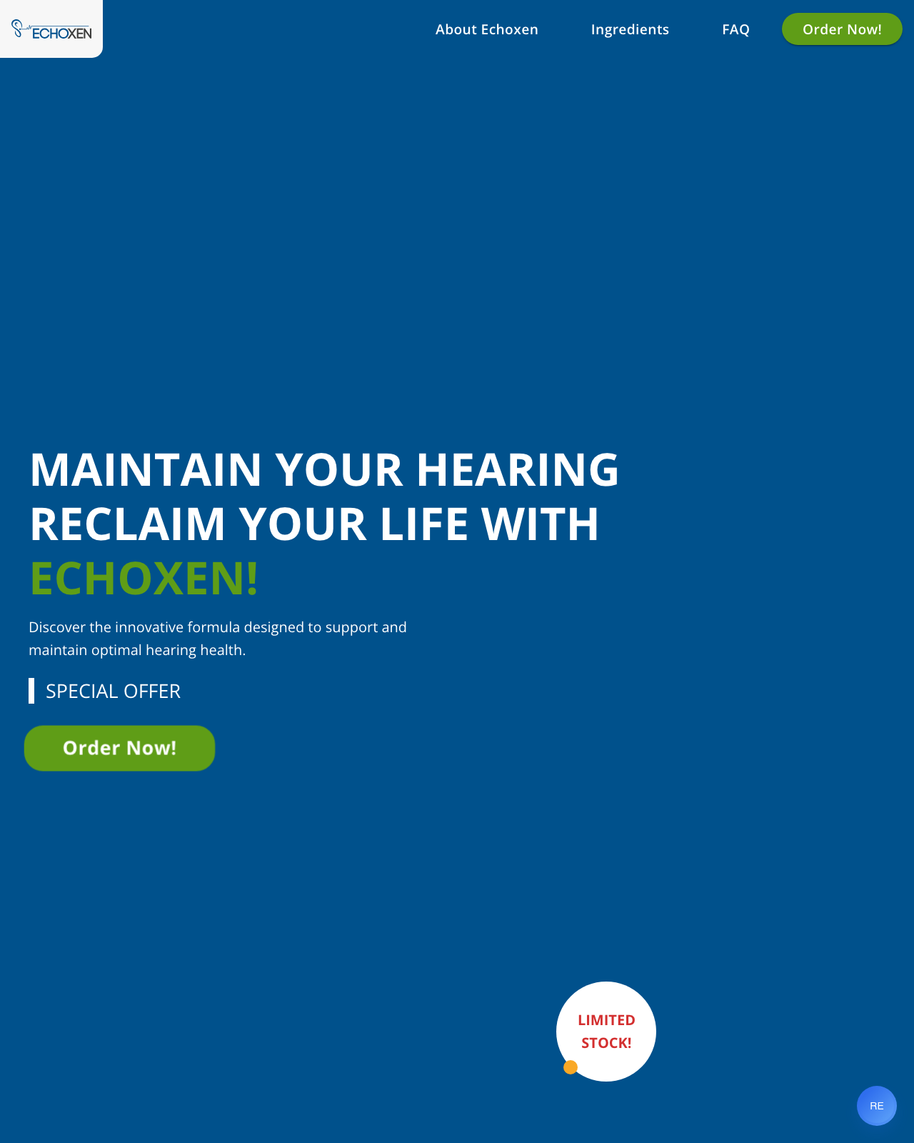 Screenshot of the Echoxen – Explosive New Ear Supplement with Natural Ingredients sales page — open current offer