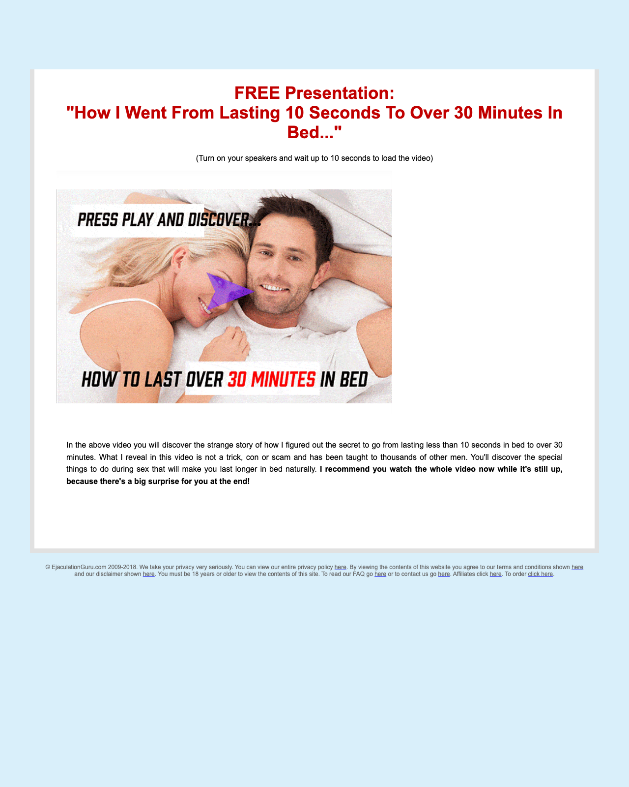 Screenshot of the Ejaculation_Guru - Breakthrough Sales Video For Last Longer Niche sales page — open current offer