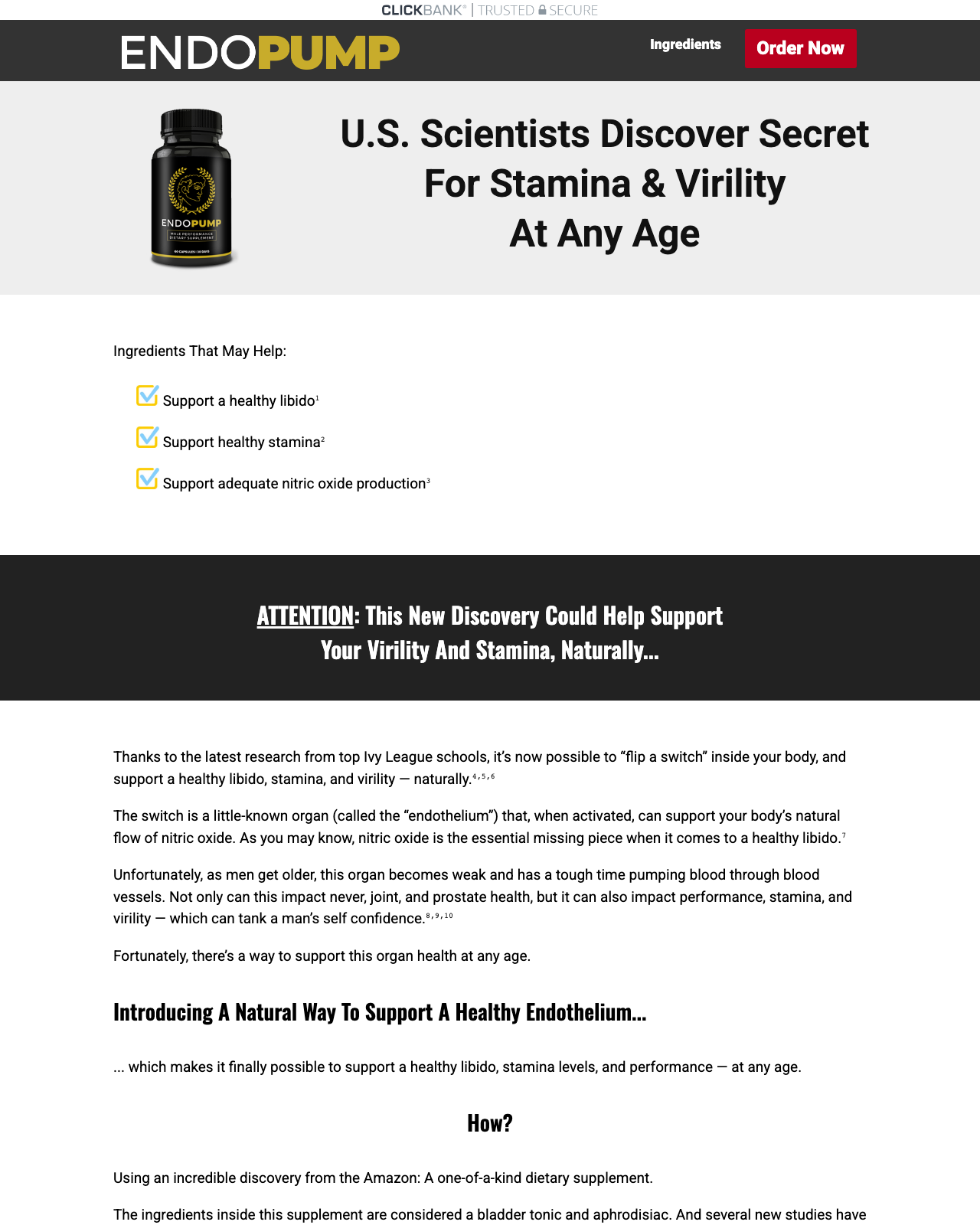 Screenshot of the Endo Pump - Male Enhancement MONSTER with KILLER REBILLS sales page — open current offer