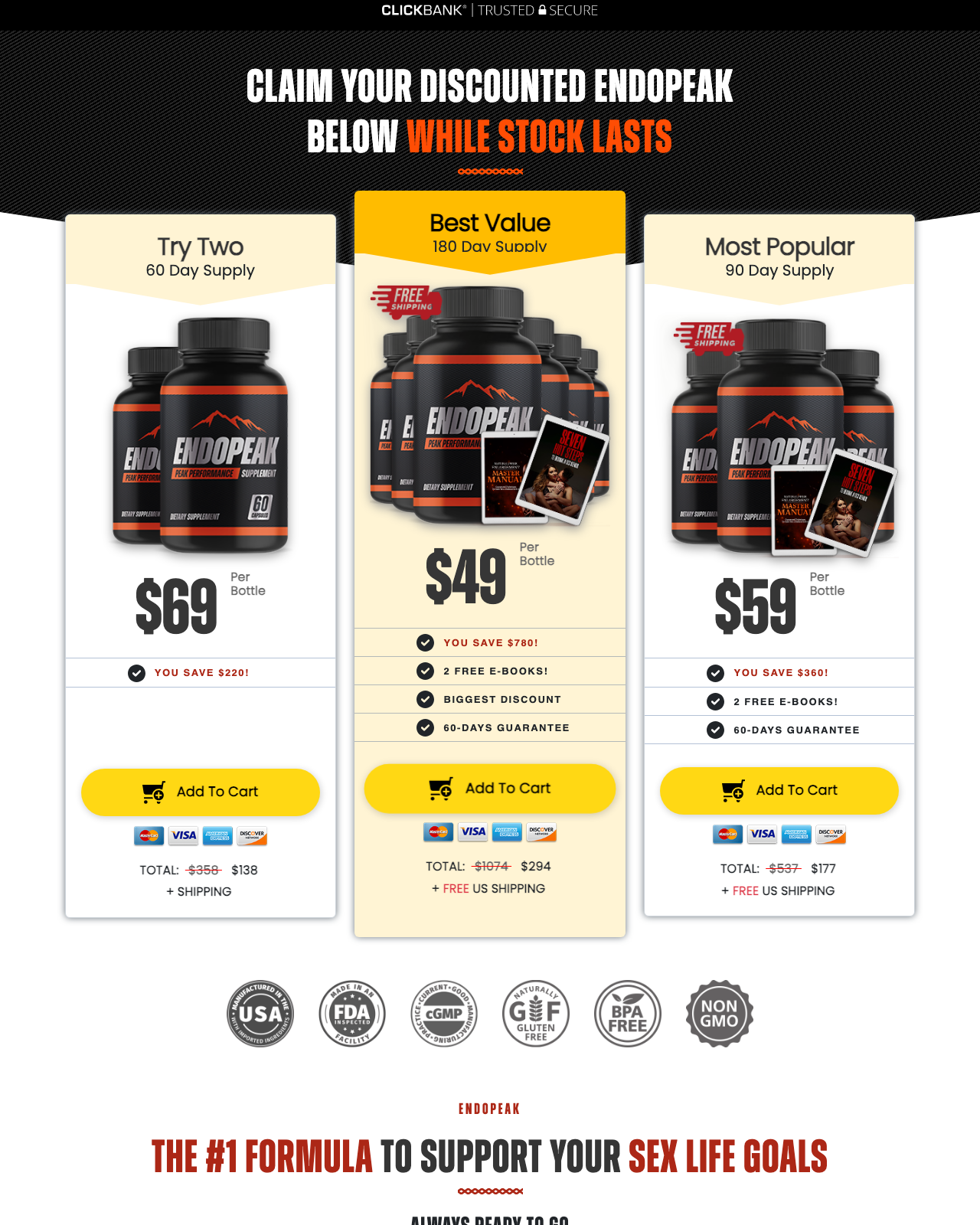 Screenshot of the EndoPeak - Male Health, ED, Testosterone sales page — open current offer