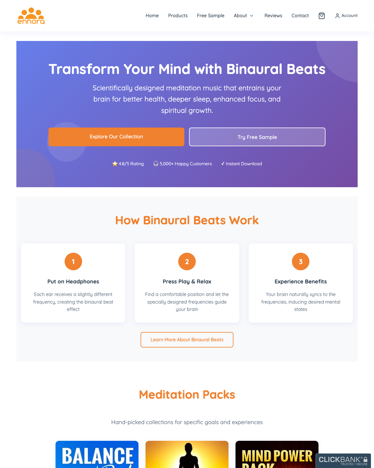 Screenshot of the Ennora: Premium Meditation Programs for Consciousness & Brain Power sales page — open current offer