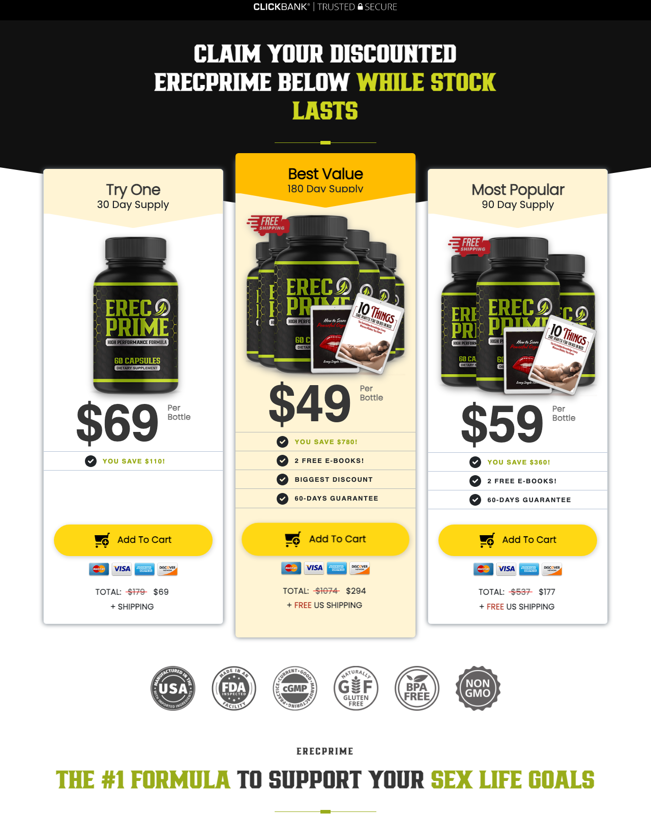 Screenshot of the ErecPrime - Top Male Performance and ED sales page — open current offer