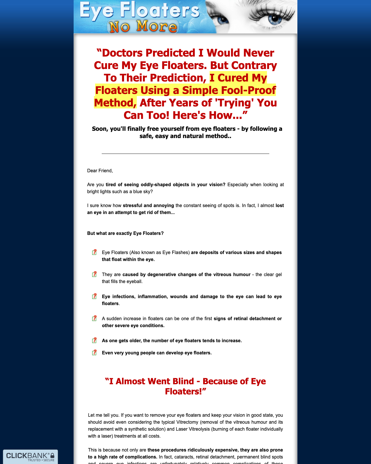 Screenshot of the Eye Floaters No More ~ NEW Niche with High Conversions sales page — open current offer