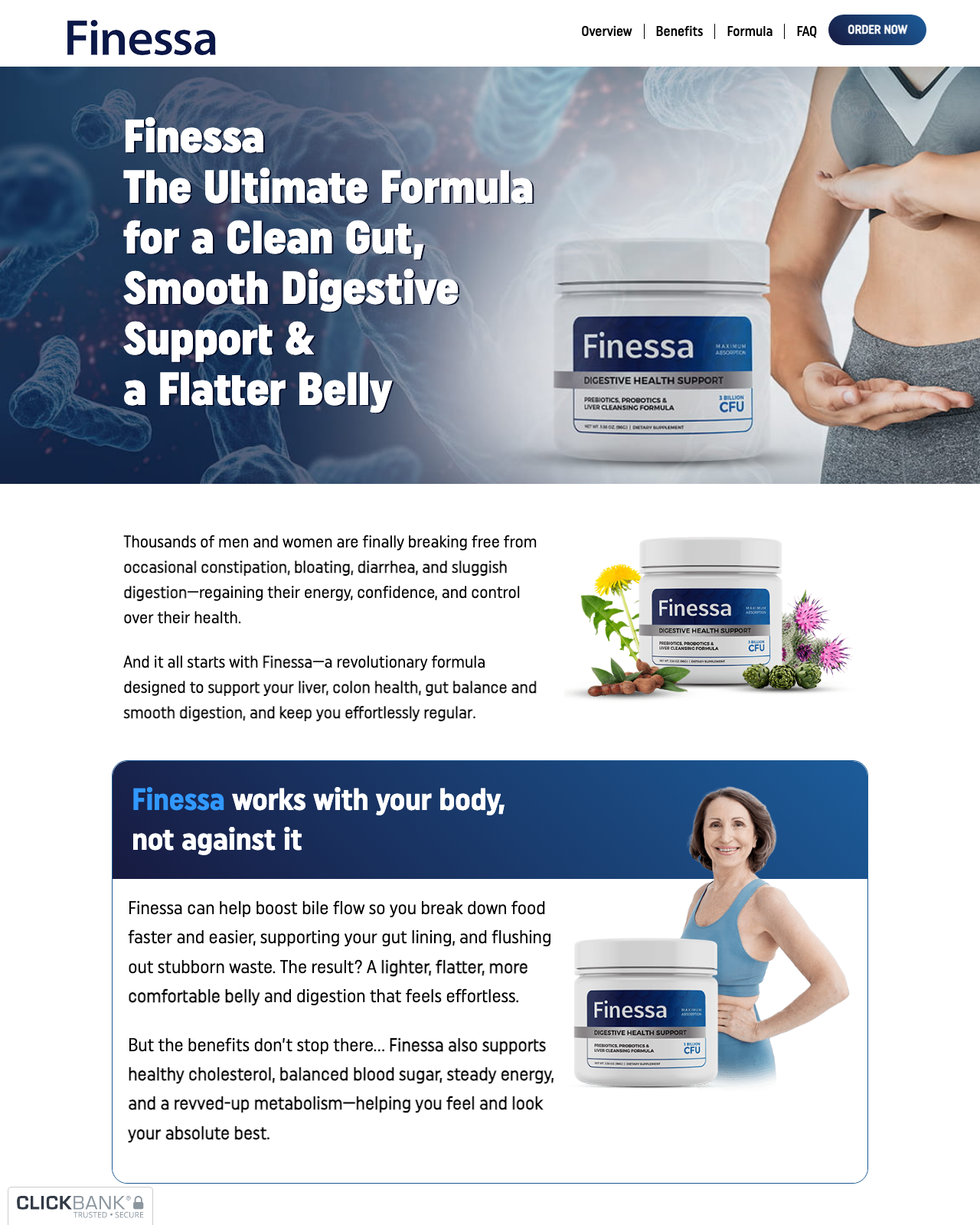 Screenshot of the Finessa - High-Converting Digestion & Poop Offer sales page — open current offer