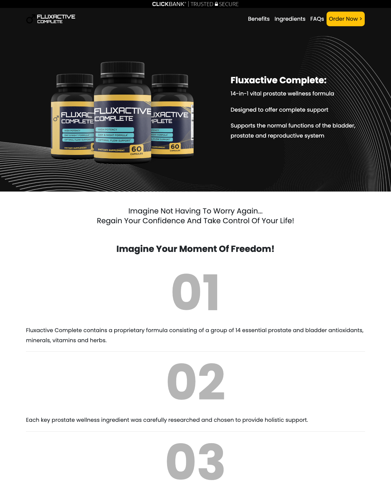Screenshot of the FLUXACTIVE - Unique 14-in-1 MEGA PROSTATE Offer sales page — open current offer