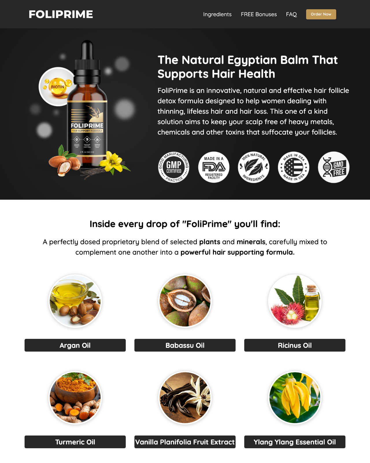Screenshot of the FoliPrime - $4 EPC On Unique “Egyptian Hair Detox Balm” sales page — open current offer
