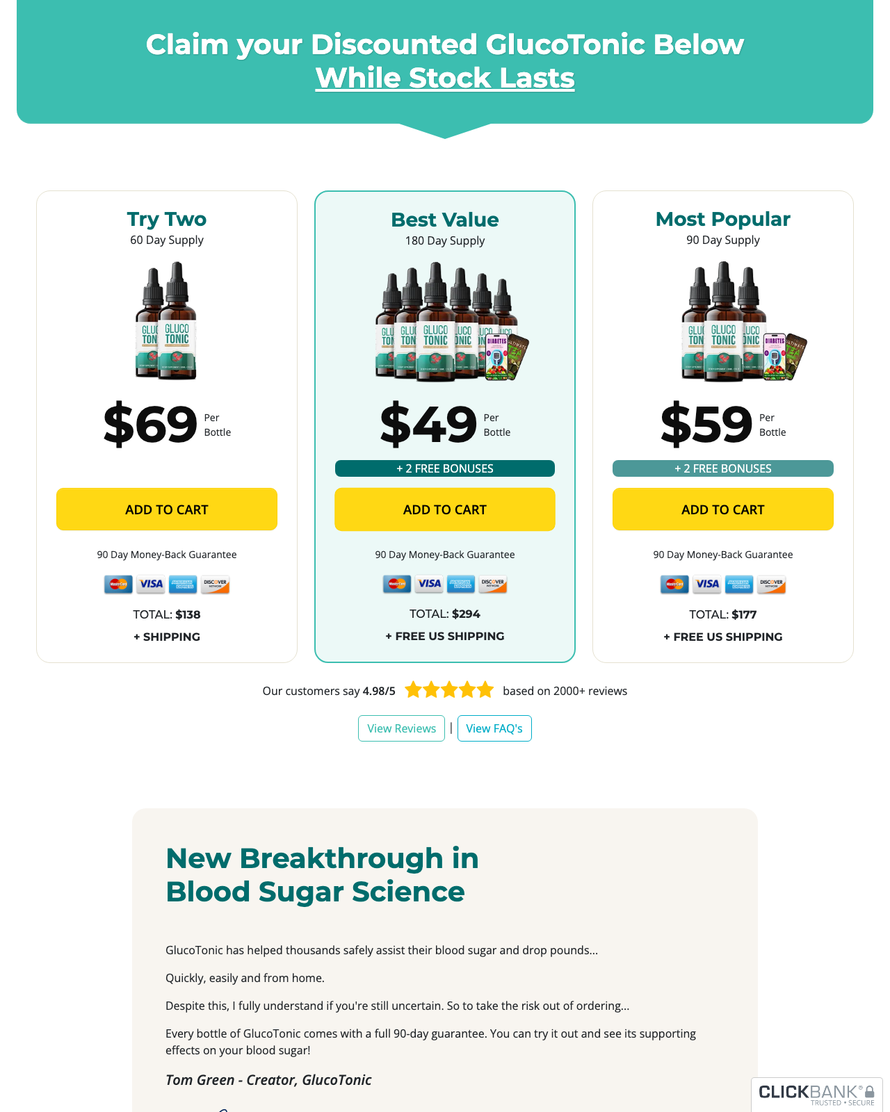 Screenshot of the GlucoTonic - Blood Sugar Support, Type 2 sales page — open current offer