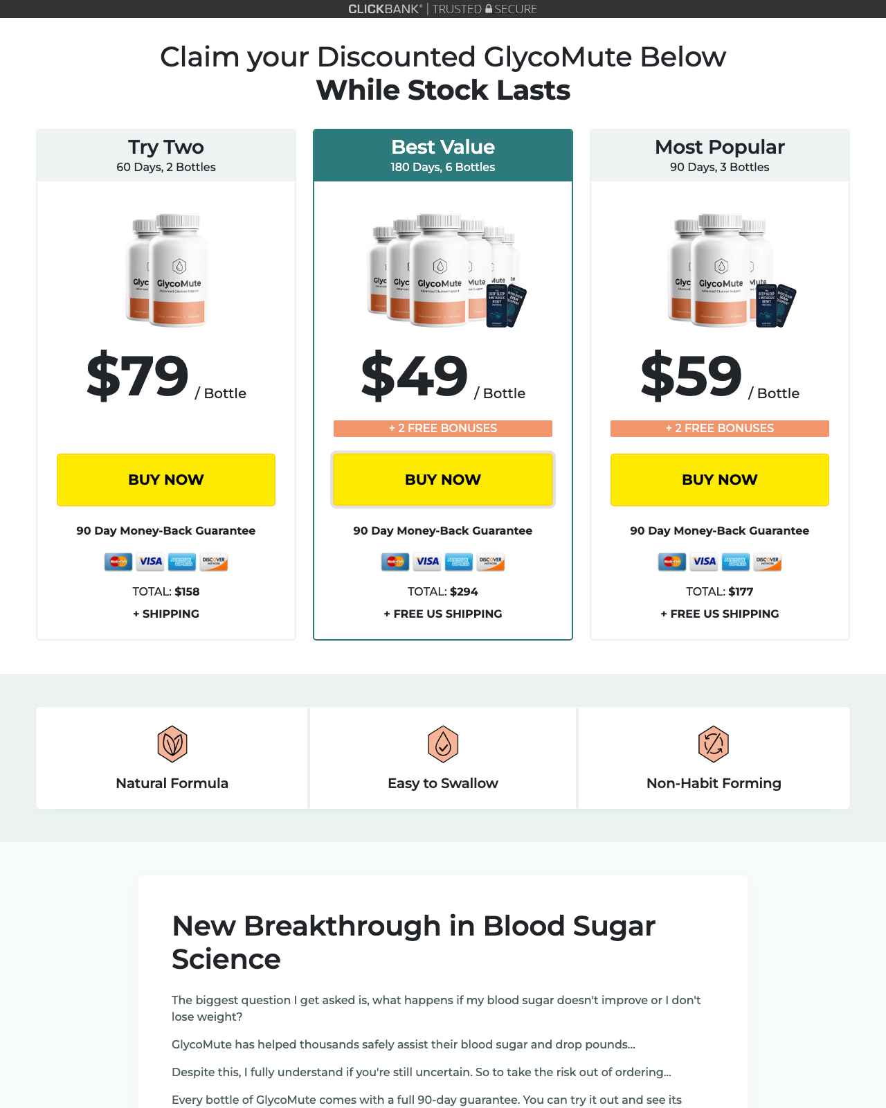 Screenshot of the GlycoMute - Advanced Blood Sugar Support sales page — open current offer
