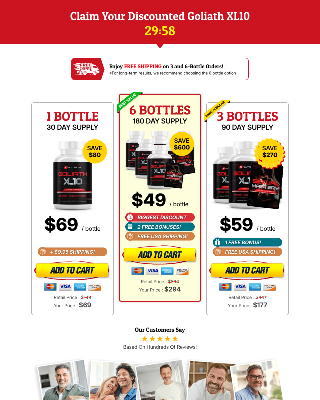 Screenshot of the Goliath XL 10 - New Explosive Men’s Performance Offer sales page — open current offer