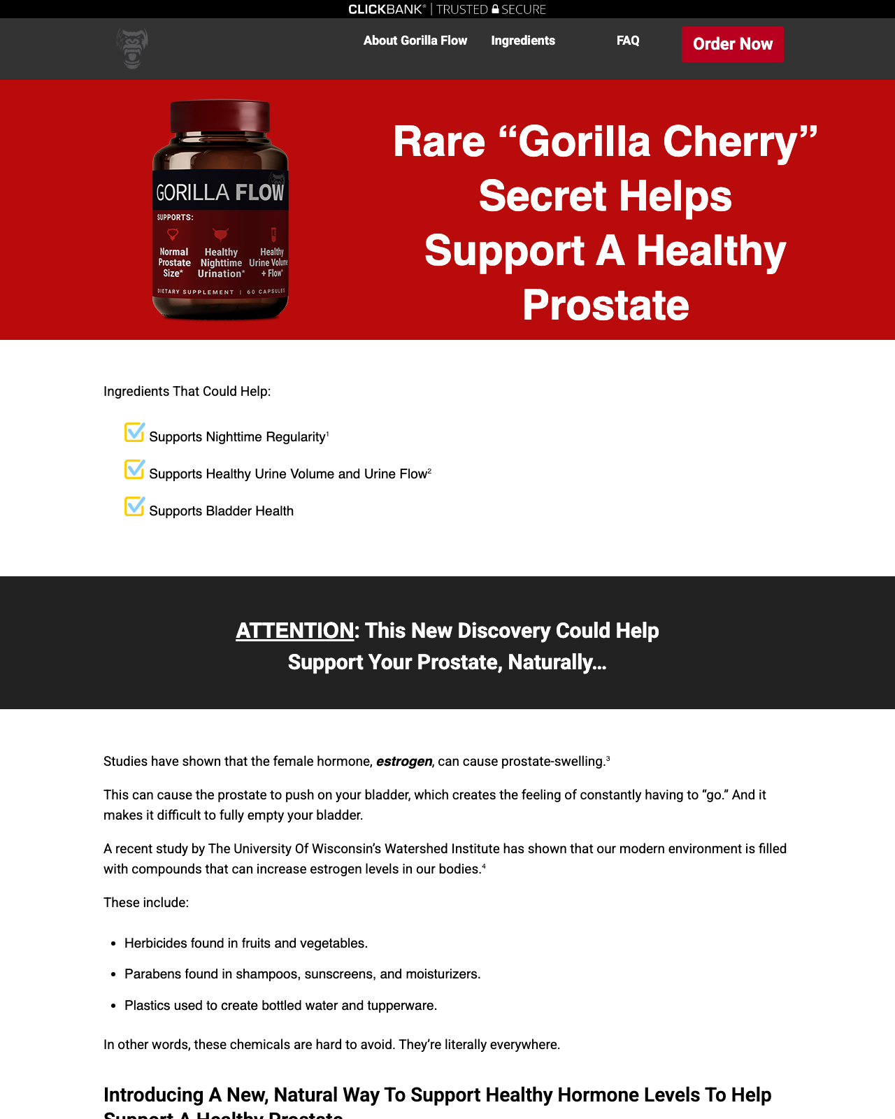 Screenshot of the GORILLA FLOW - PROSTATE SUPPLEMENT OFFER - 65% Rev Share sales page — open current offer