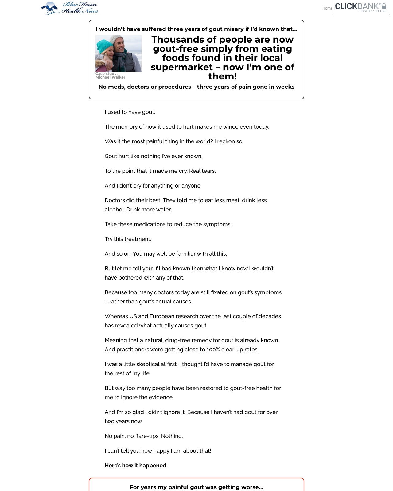 Screenshot of the Gout Solution - Blue Heron Health News sales page — open current offer