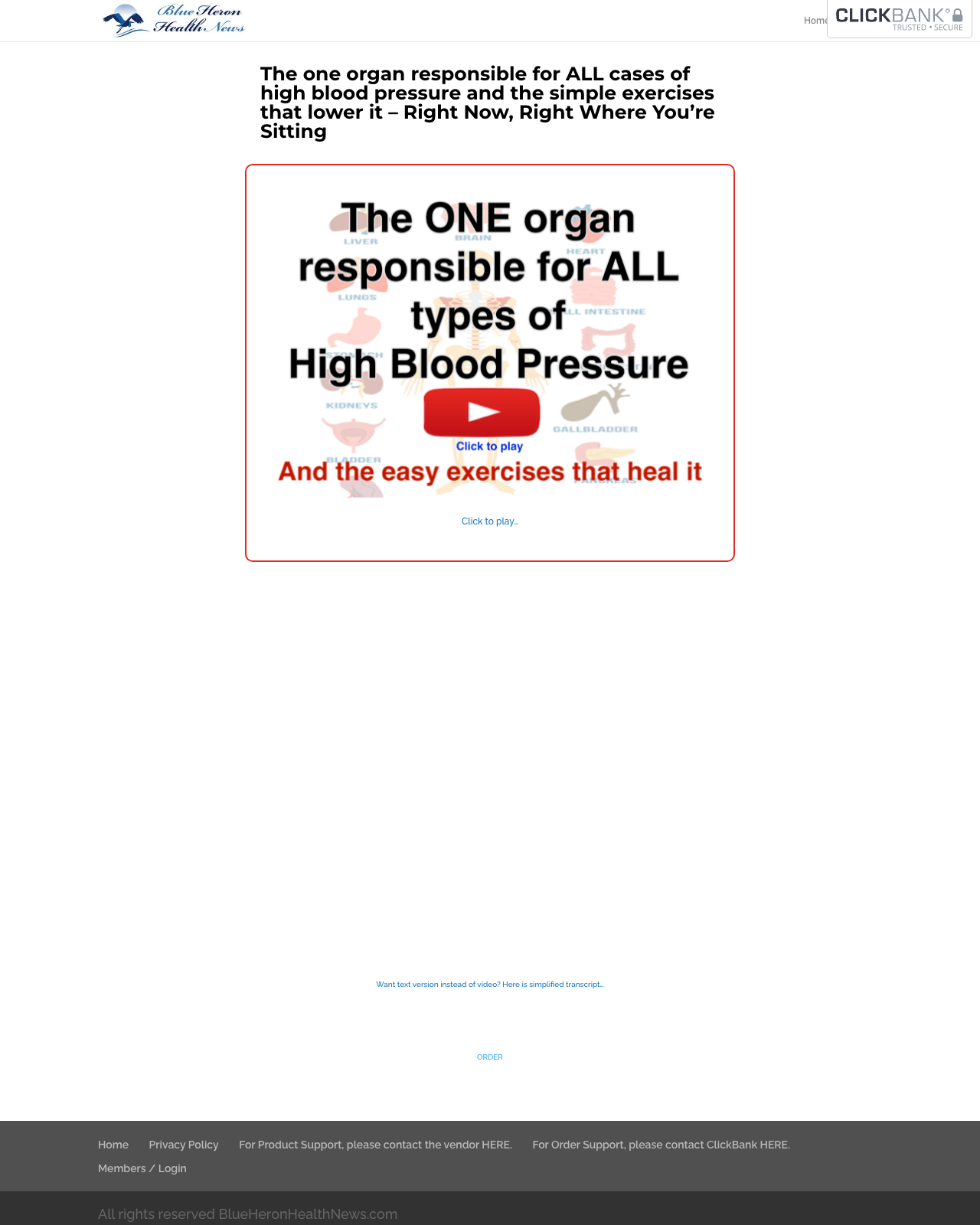 Screenshot of the High Blood Pressure - Blue Heron Health News sales page — open current offer