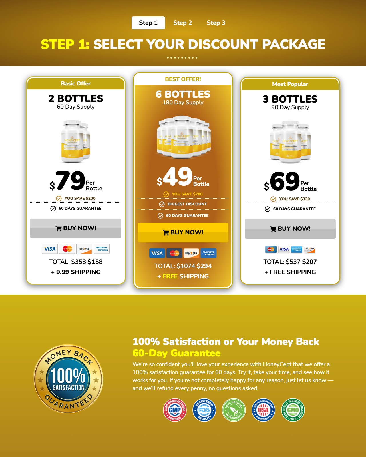 Screenshot of the HoneyCept sales page — open current offer