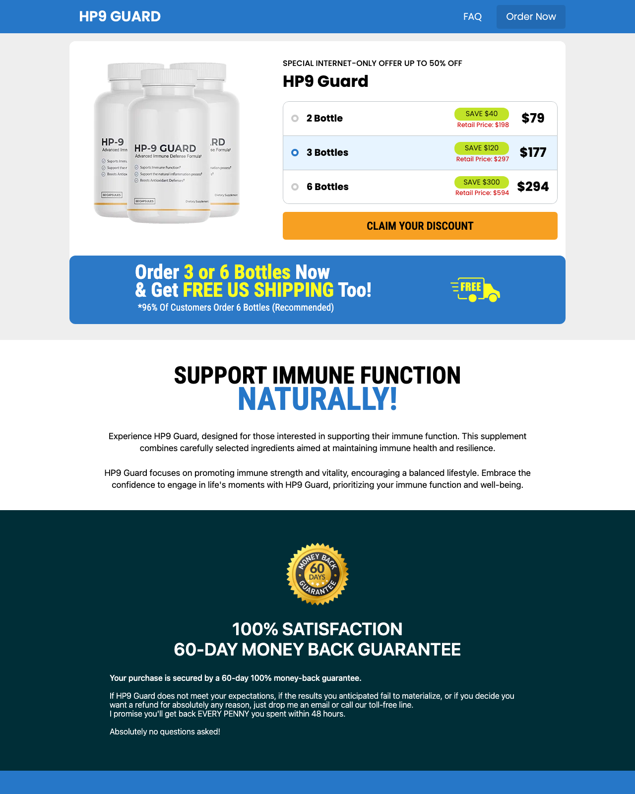 Screenshot of the HP9 Guard - Exclusive Offer sales page — open current offer
