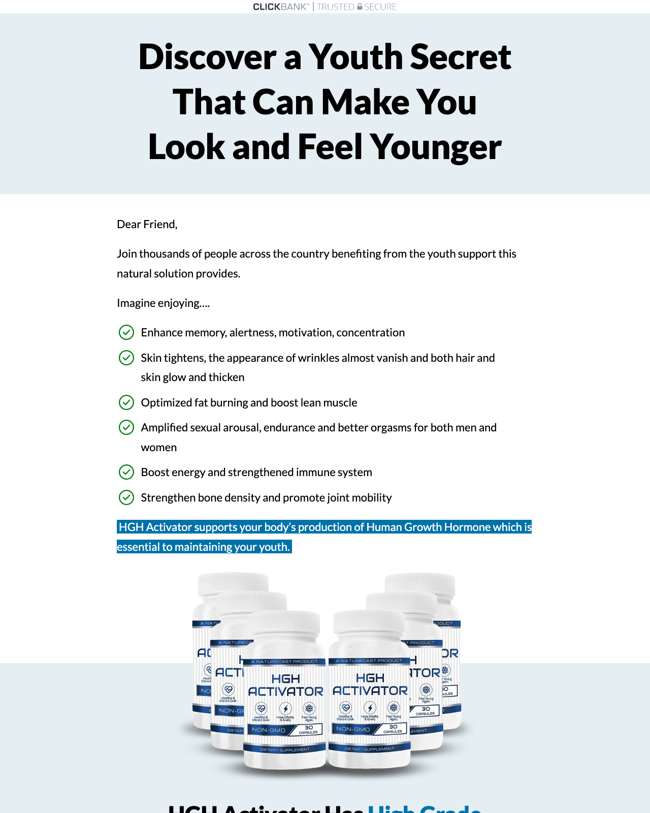 Screenshot of the Human Growth Hormone Activator - Overall Health Supplement sales page — open current offer
