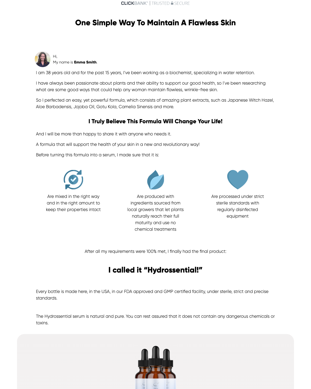 Screenshot of the Hydrossential - Unique Beauty Serum Offer sales page — open current offer