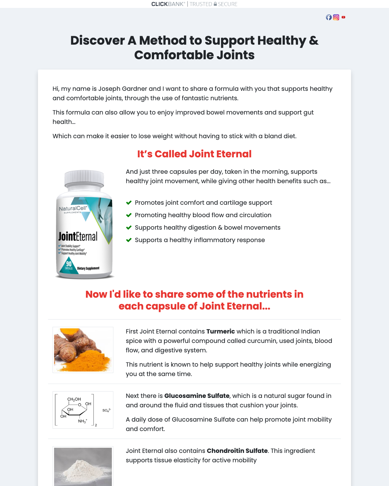 Screenshot of the Joint Eternal - Supplement sales page — open current offer