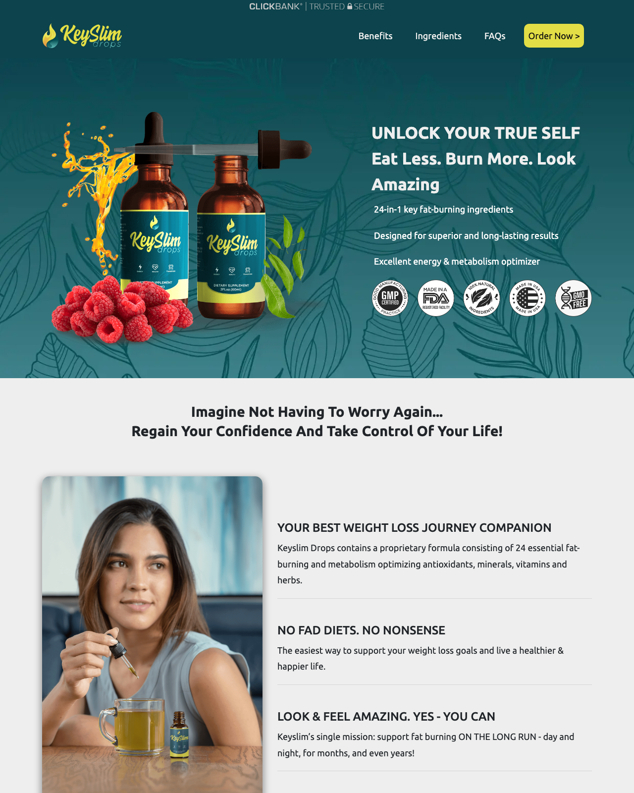 Screenshot of the KEYSLIM DROPS - NEW "Drip & Drop" Weight Loss Offer sales page — open current offer